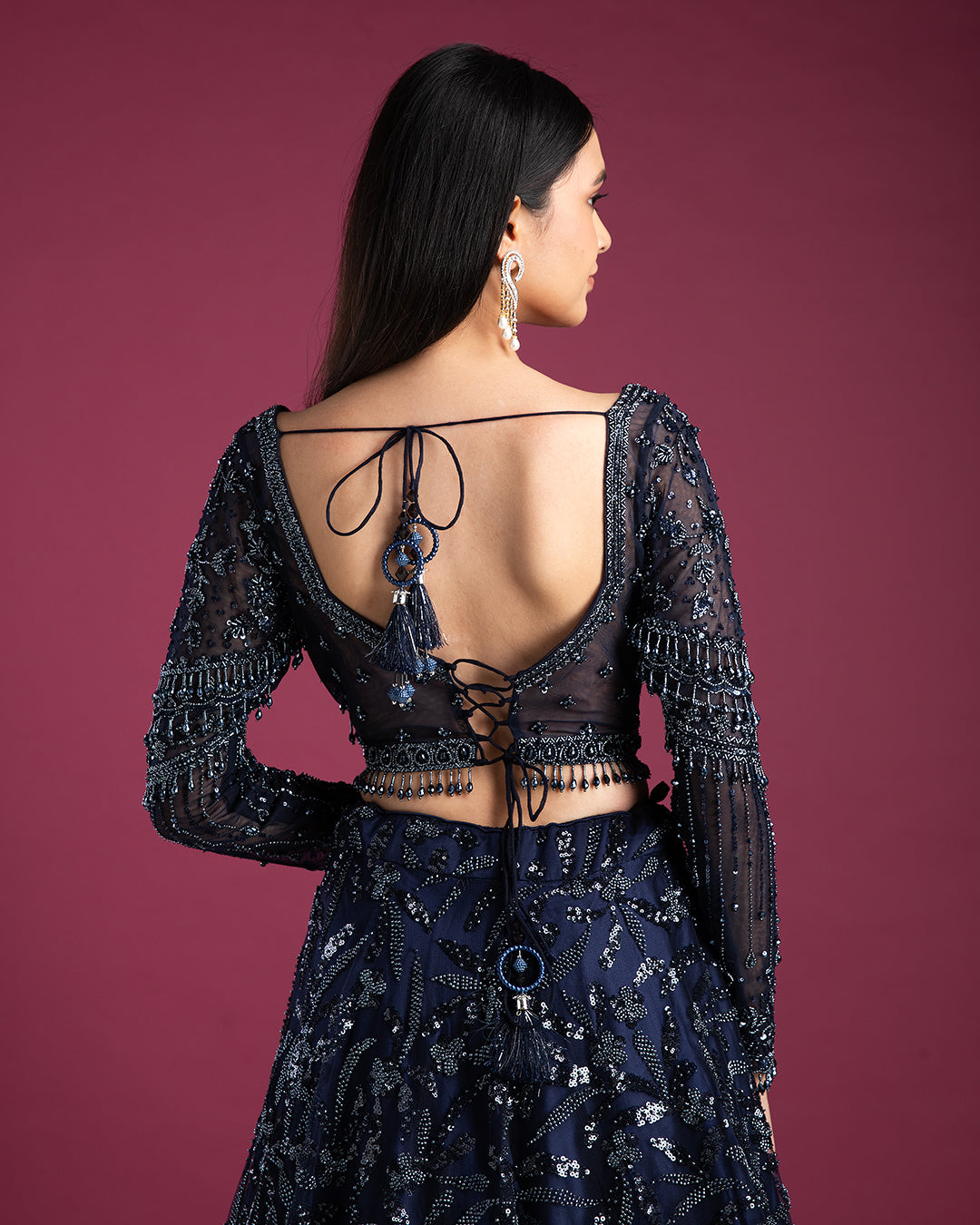 Navy Blue Sequin Lehenga Set - Mokshaa