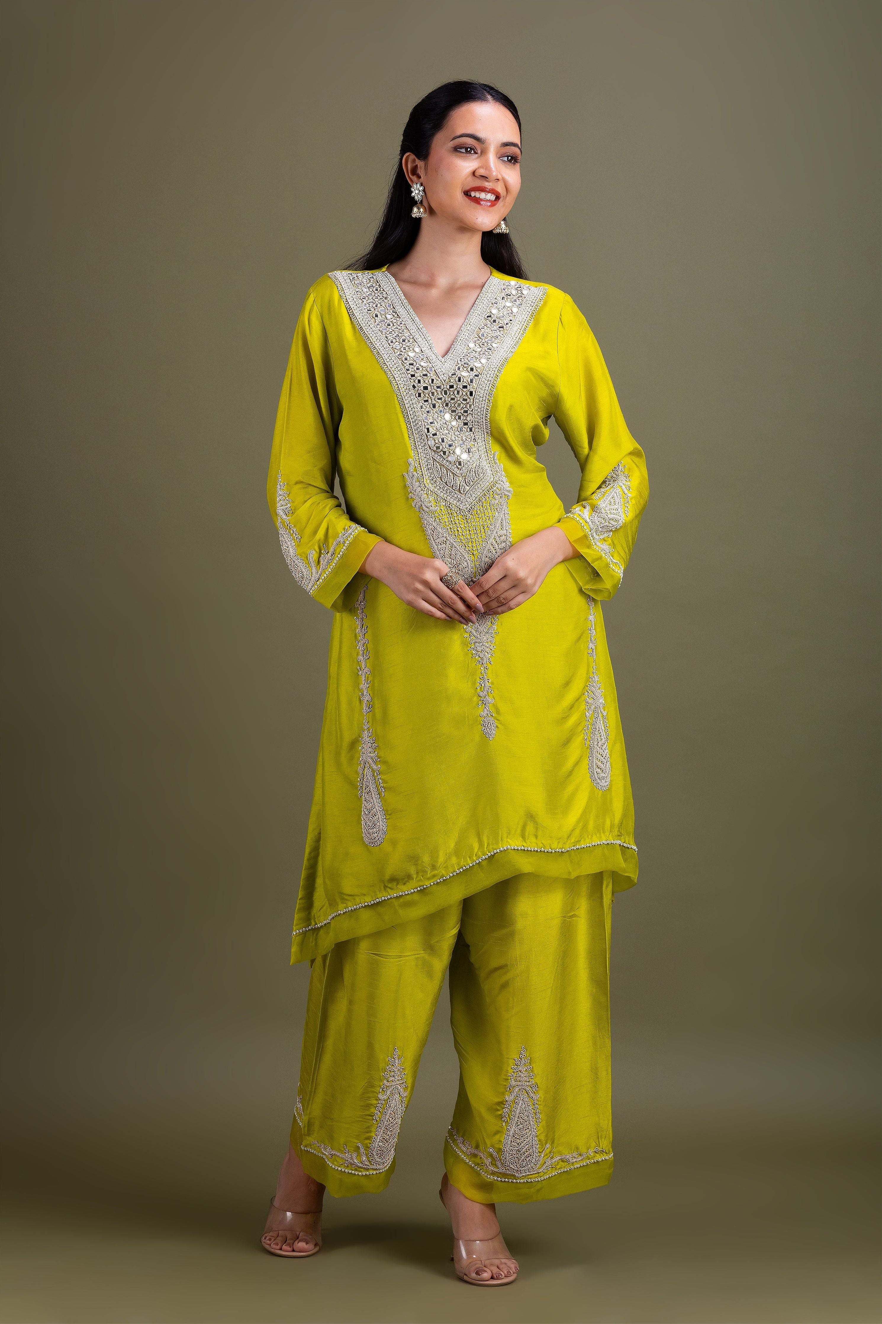 Lime Green Embroidered Kurta Set - Mokshaa