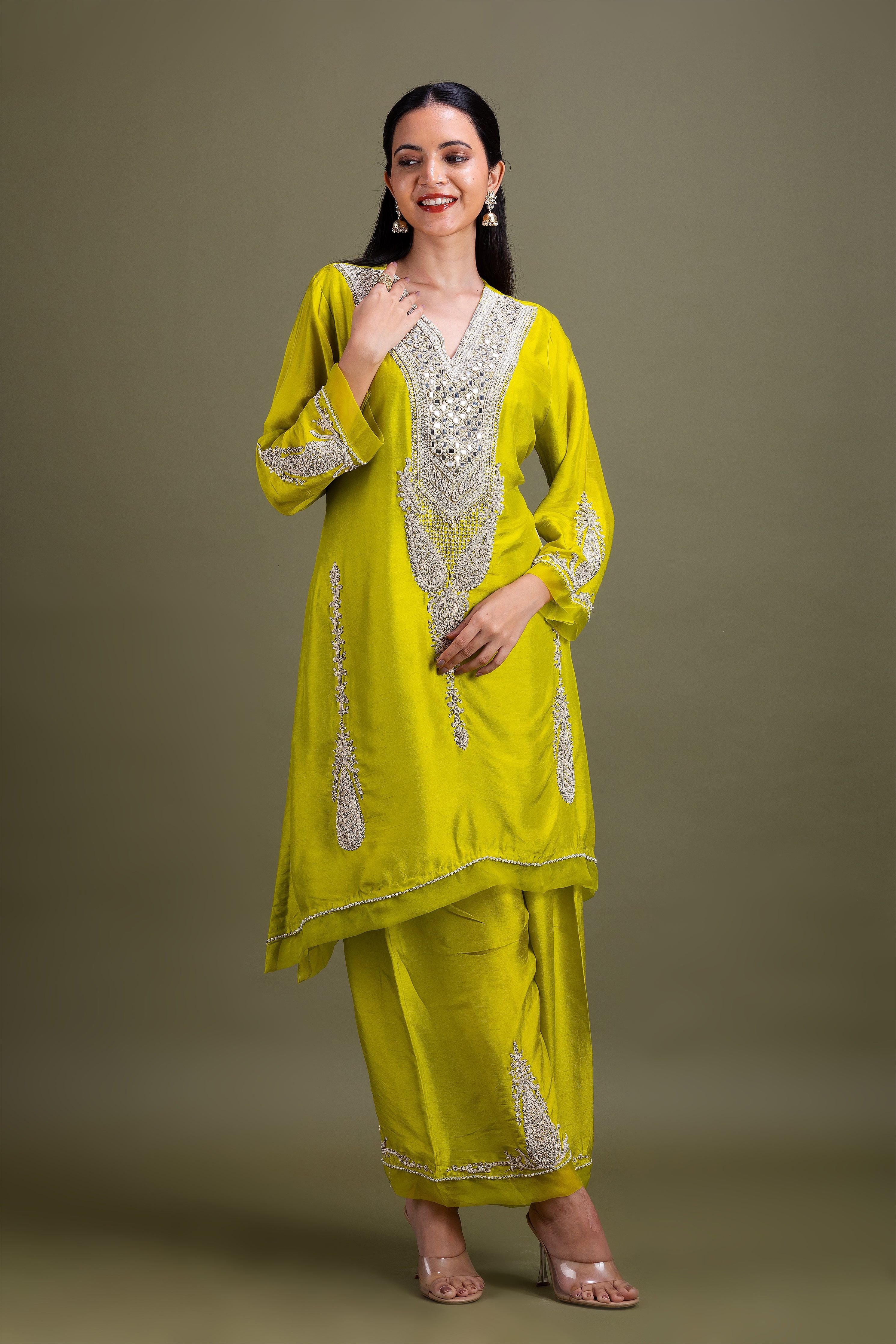 Lime Green Embroidered Kurta Set - Mokshaa