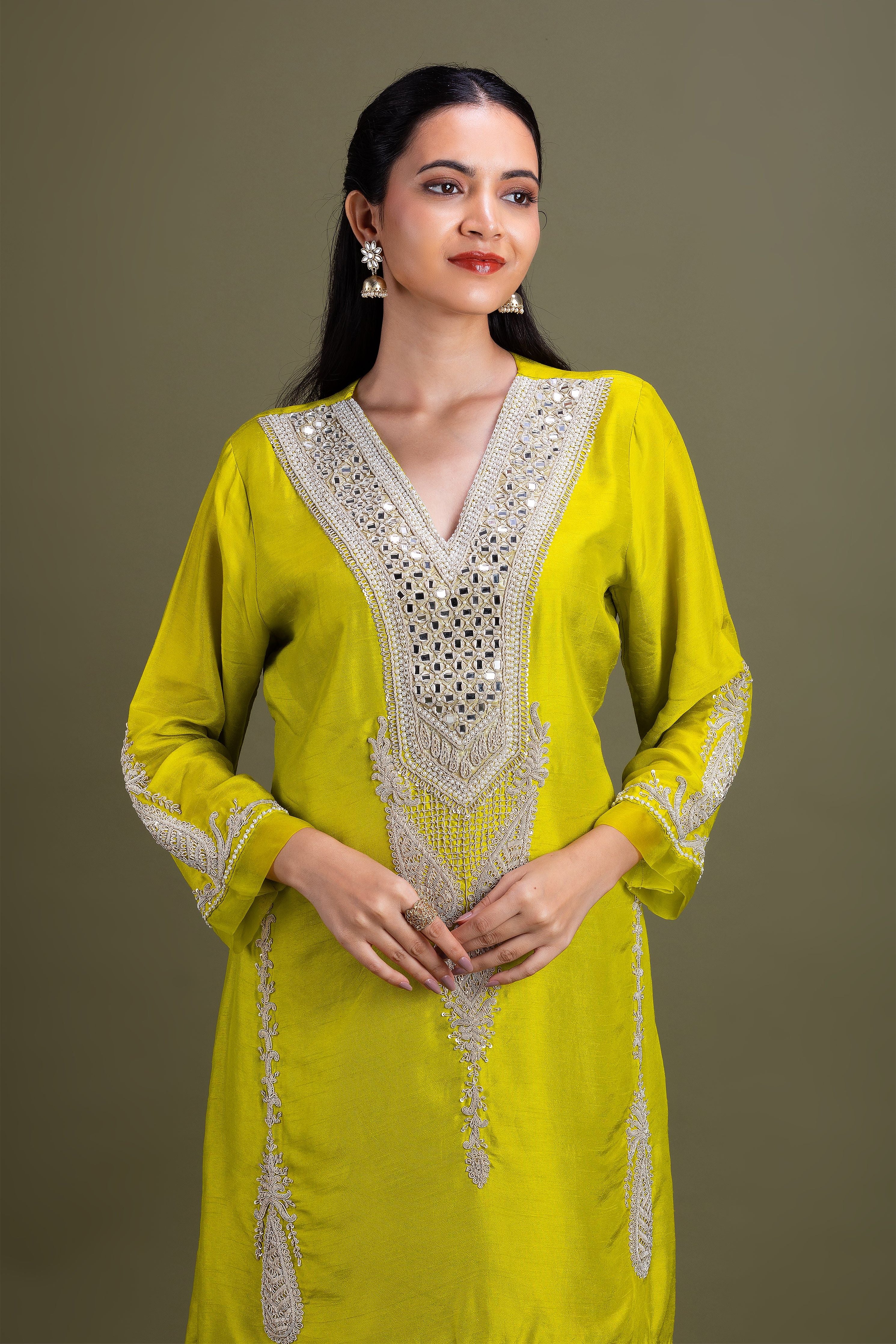 Lime Green Embroidered Kurta Set - Mokshaa