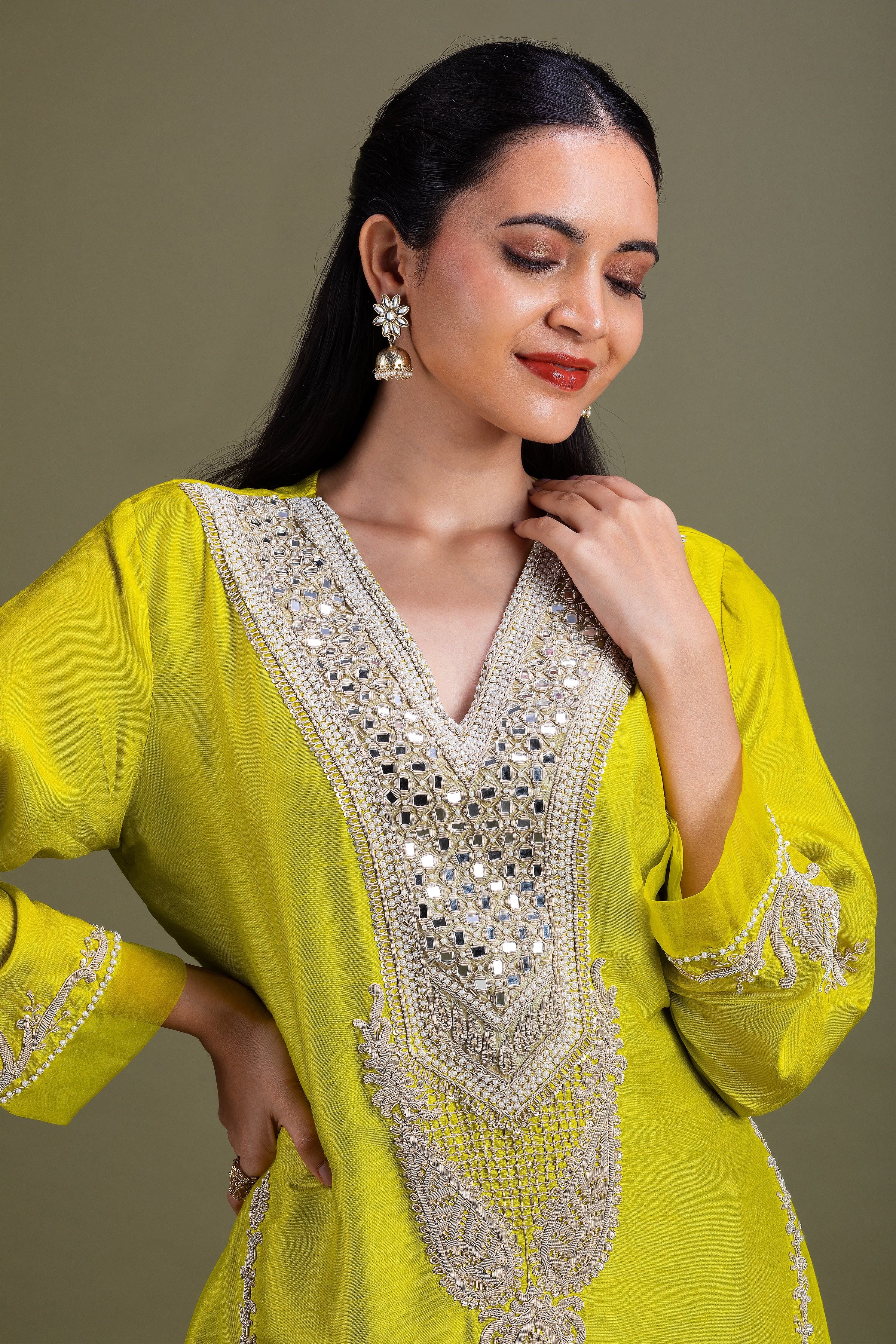 Lime Green Embroidered Kurta Set - Mokshaa