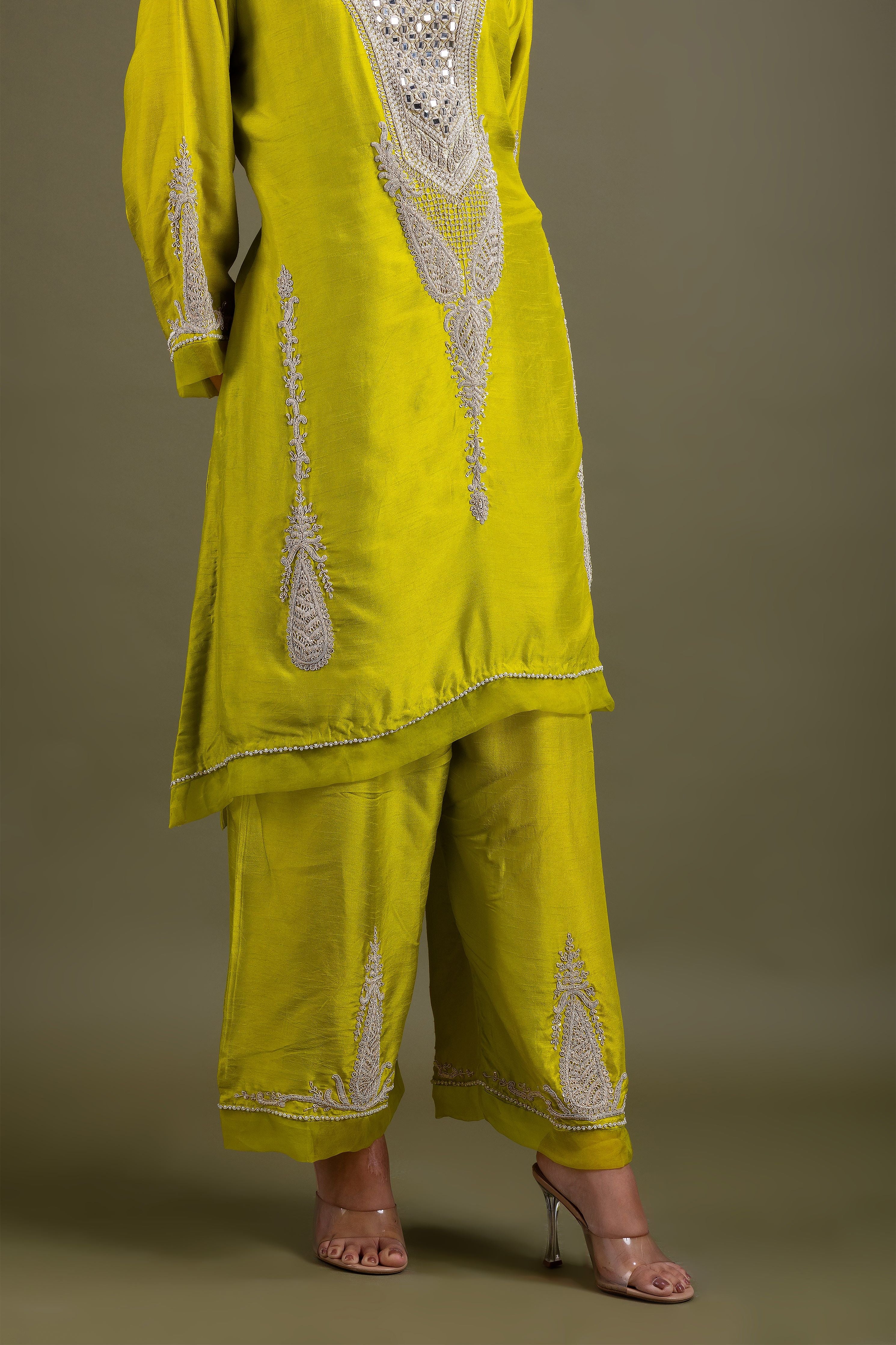 Lime Green Embroidered Kurta Set - Mokshaa