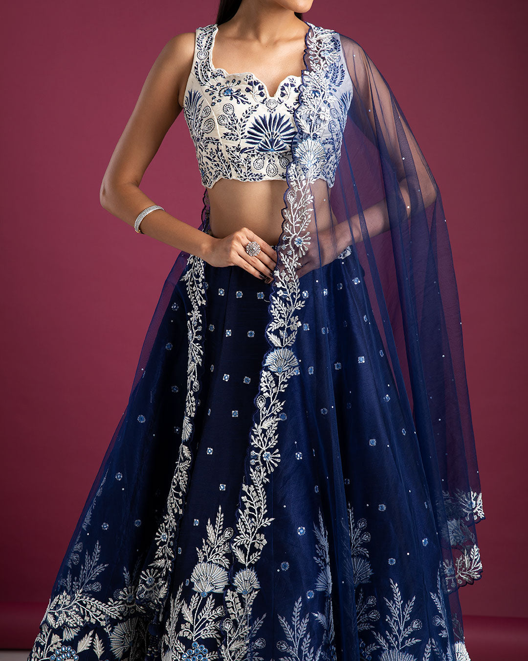 Navy Blue Raw Silk Lehenga Set - Mokshaa