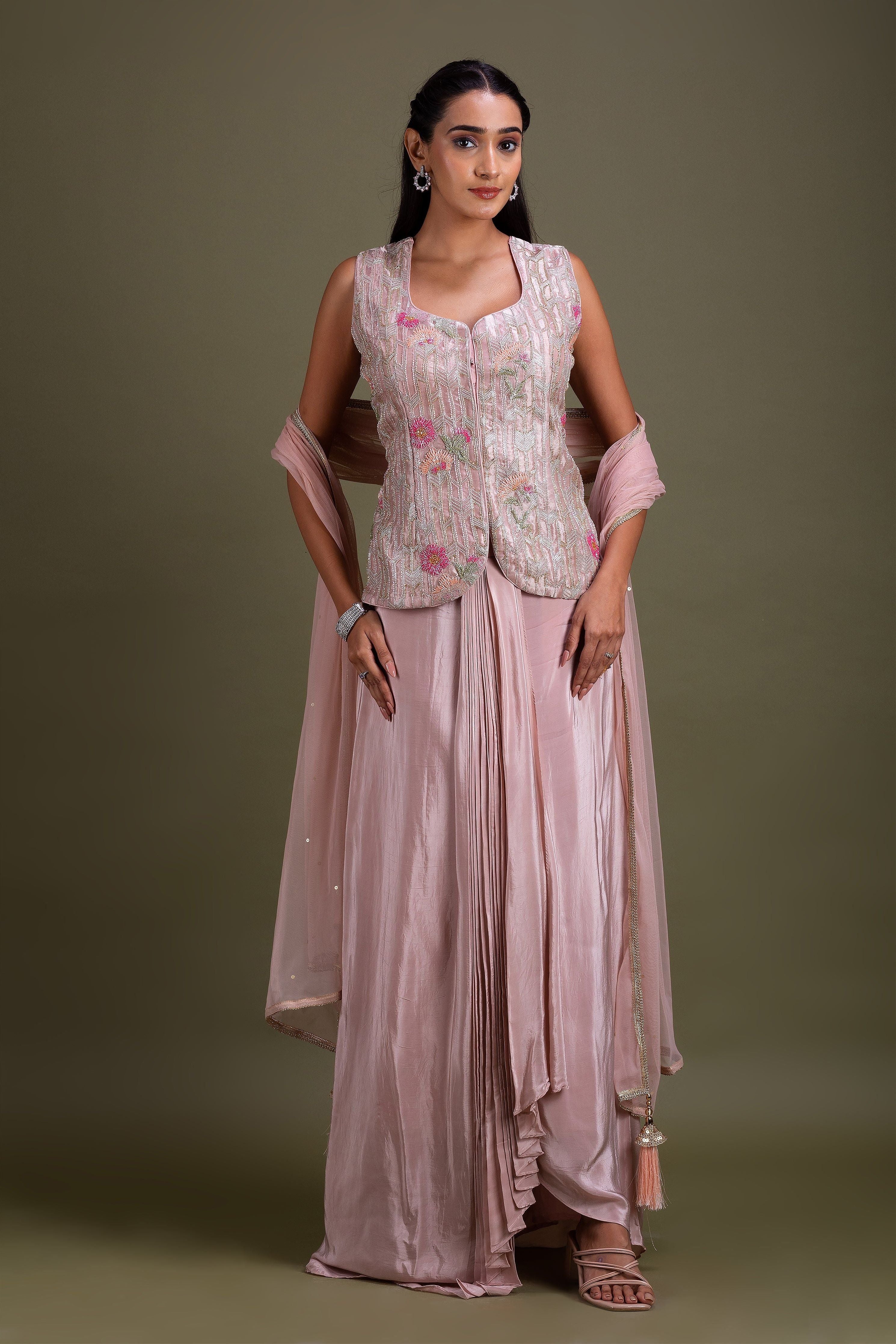 Blush Pink Embroidered Jacket Set with Dupatta  Mokshaa