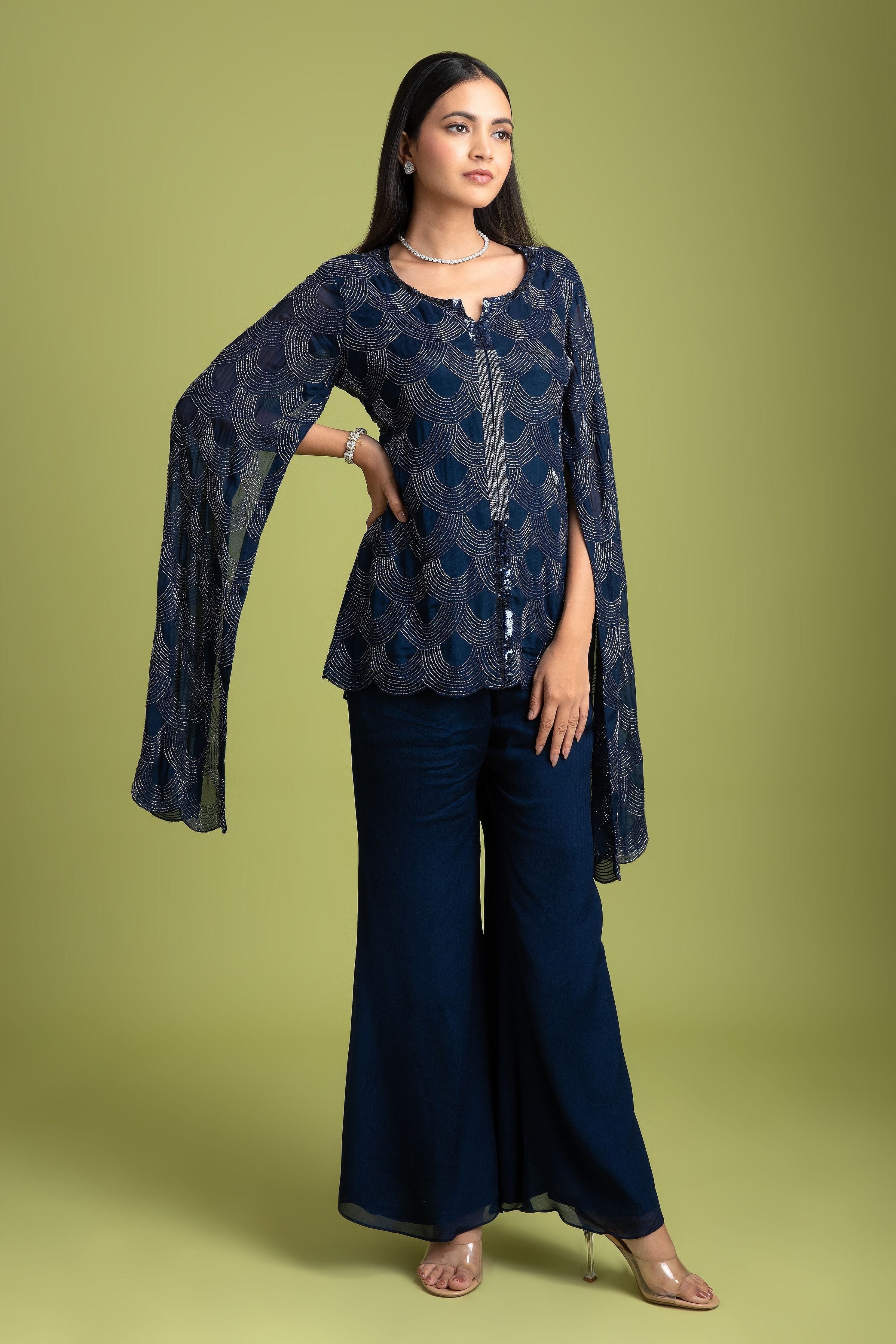 Navy Blue Georgette Indo-Western - Mokshaa