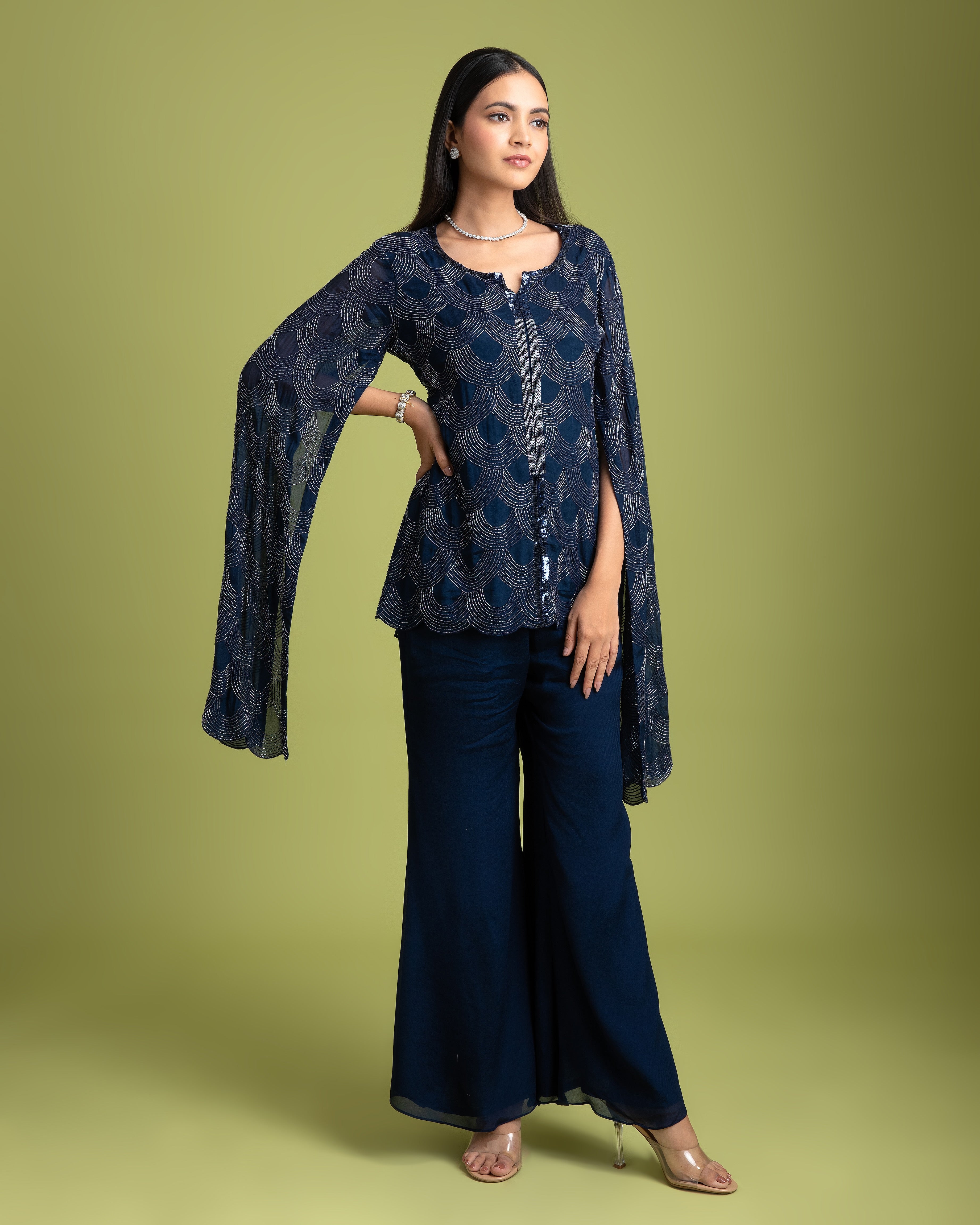 Navy Blue Georgette Indo-Western - Mokshaa