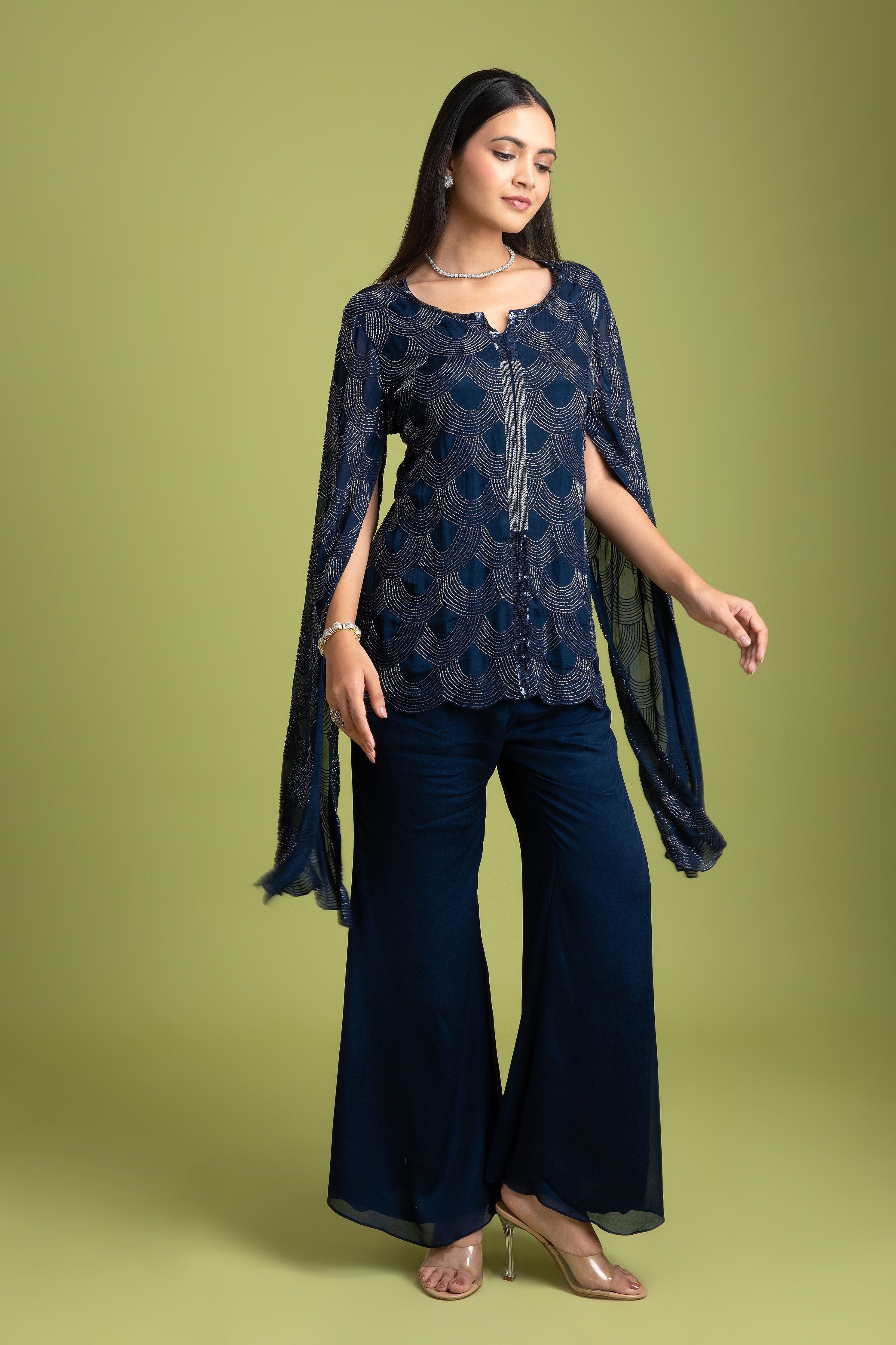 Navy Blue Georgette Indo-Western - Mokshaa