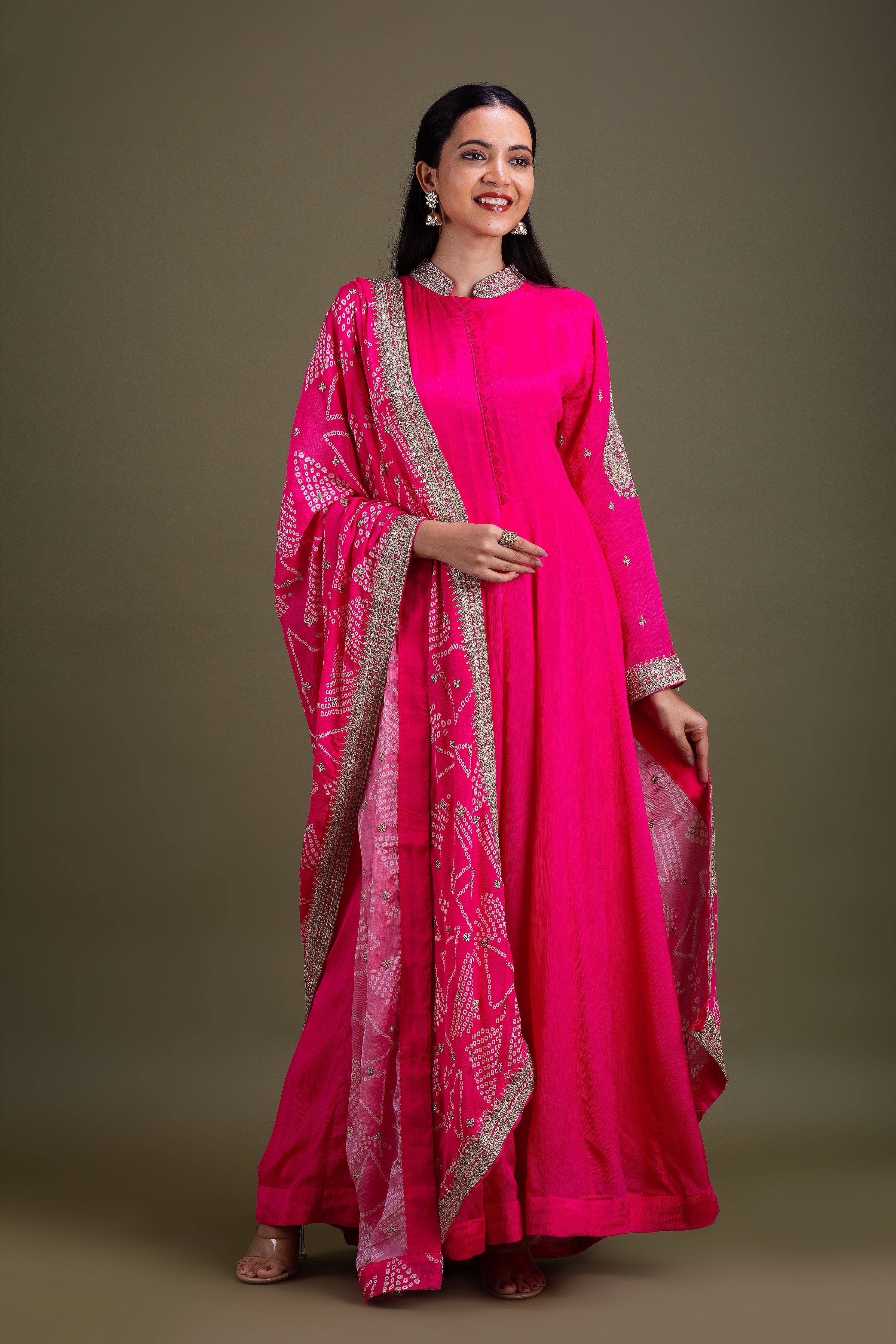 Fuchsia Pink Anarkali Set with Embroidered Dupatta  Mokshaa