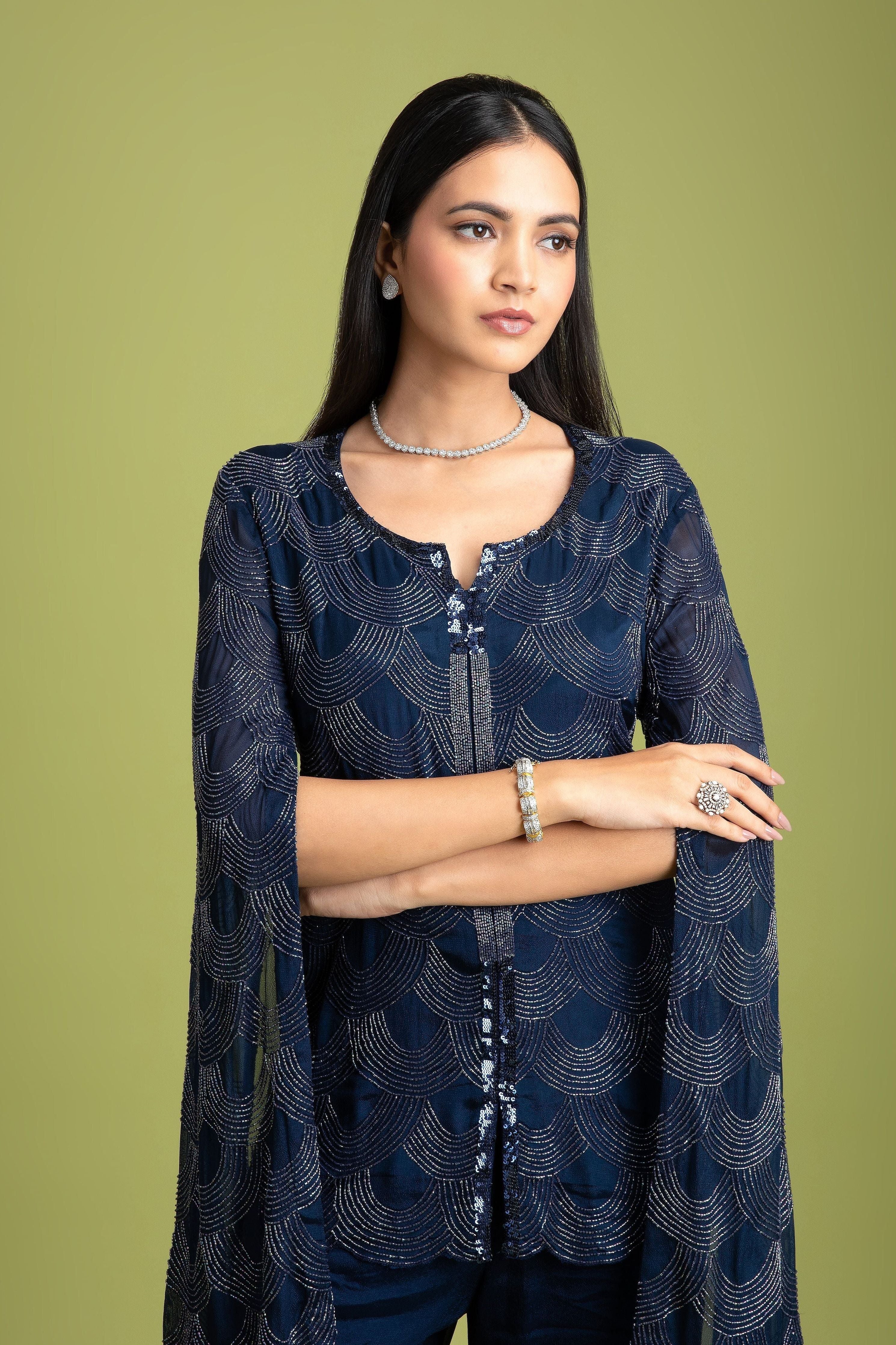 Navy Blue Georgette Indo-Western - Mokshaa