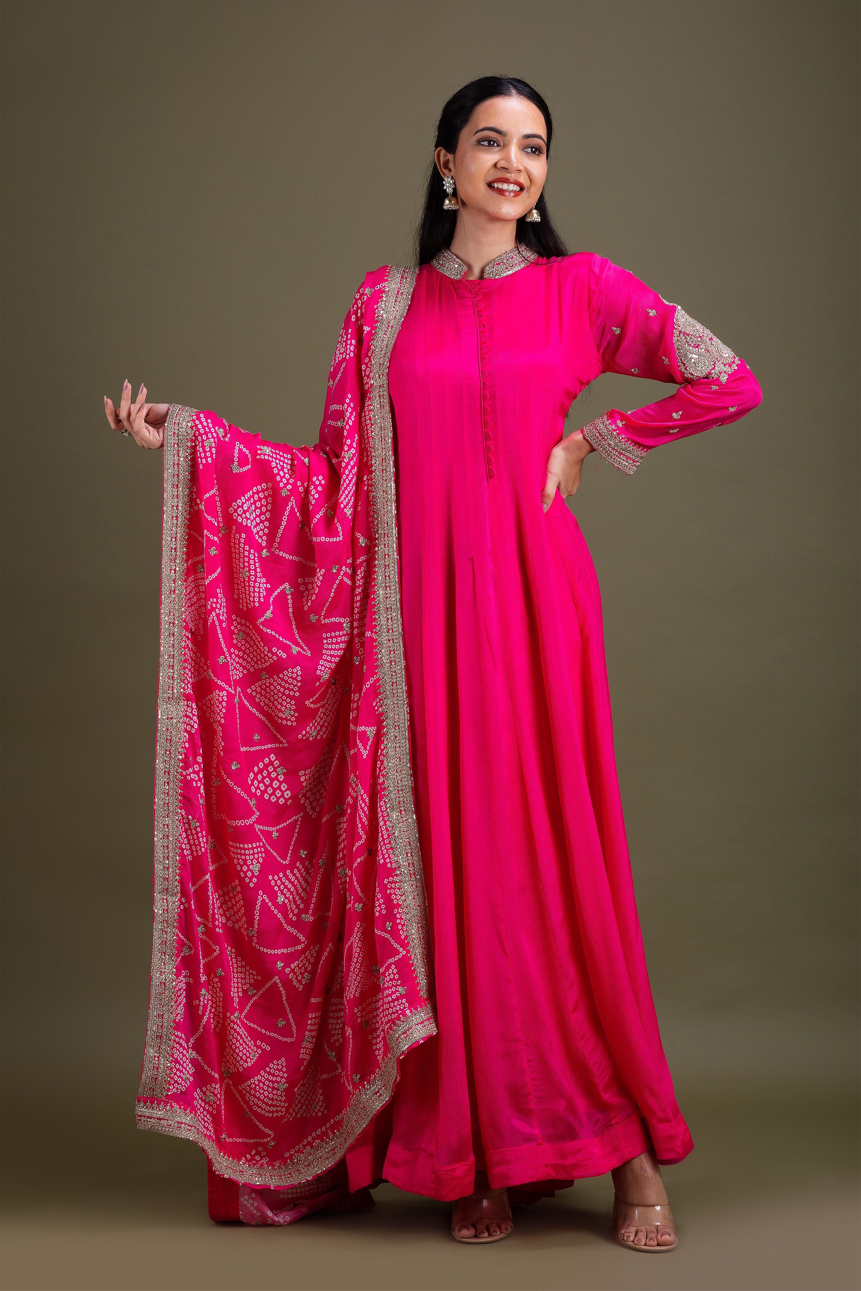 Fuchsia Pink Anarkali Set with Embroidered Dupatta聽 Mokshaa