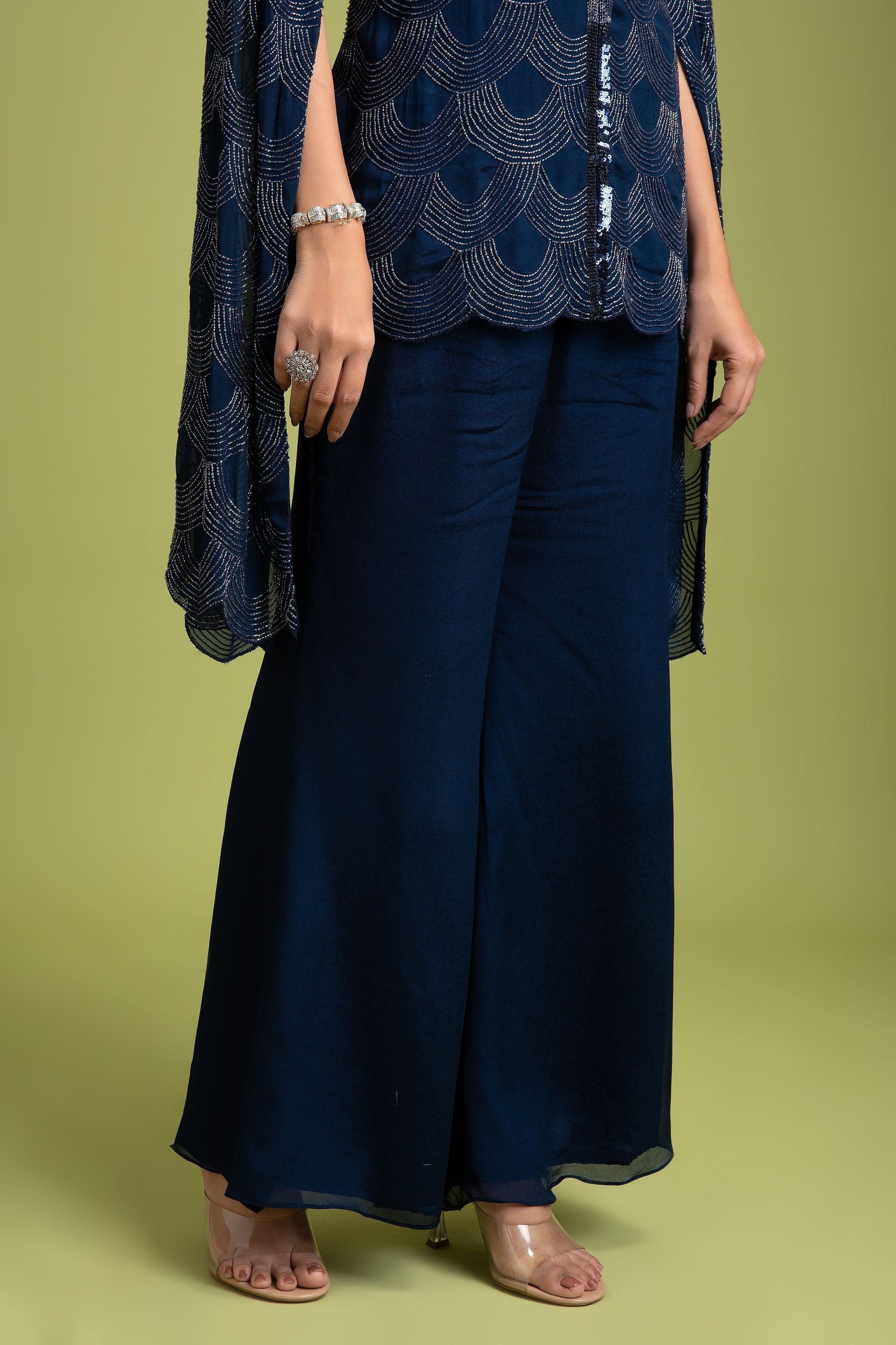 Navy Blue Georgette Indo-Western - Mokshaa