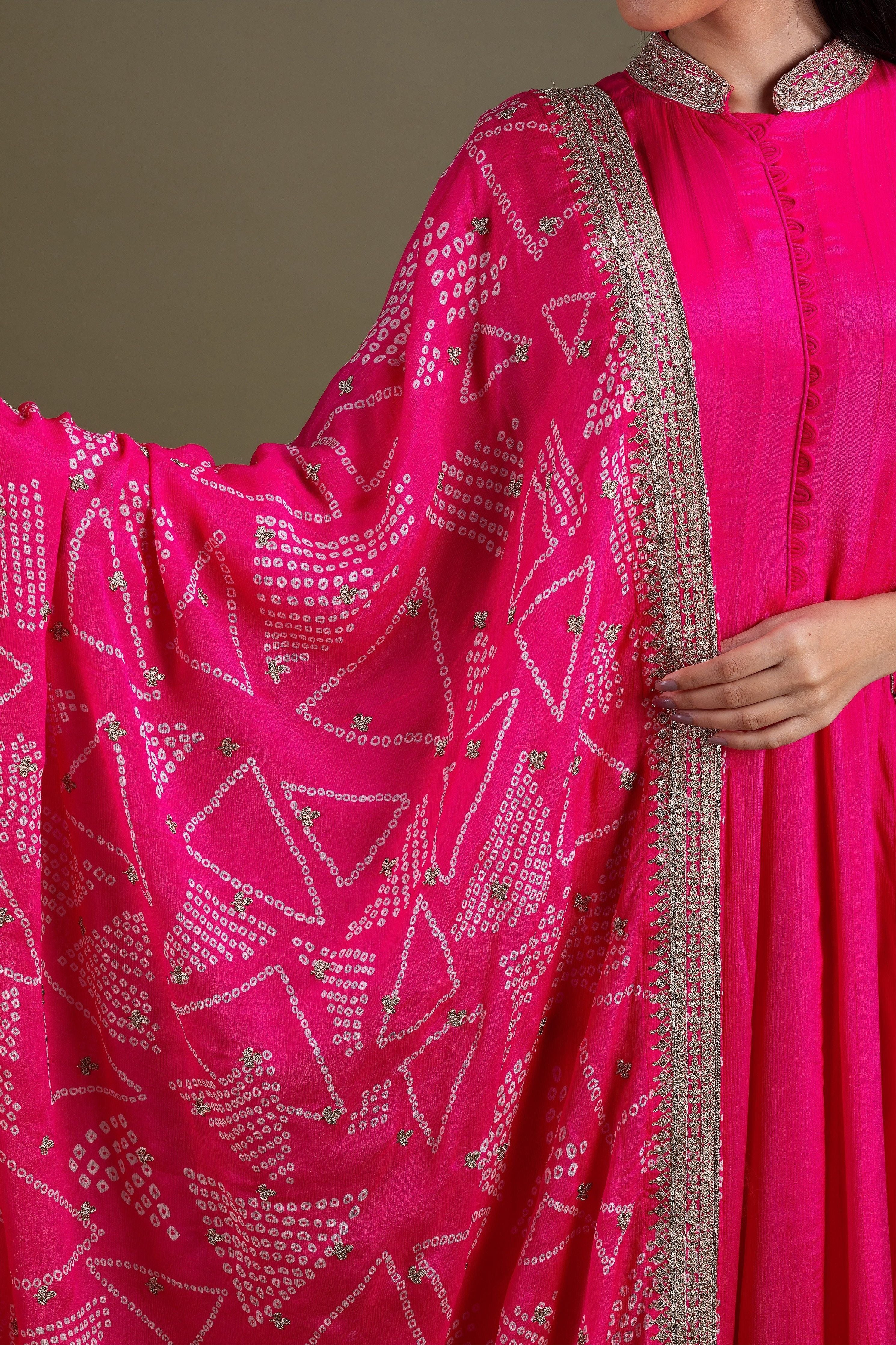 Fuchsia Pink Anarkali Set with Embroidered Dupatta  Mokshaa