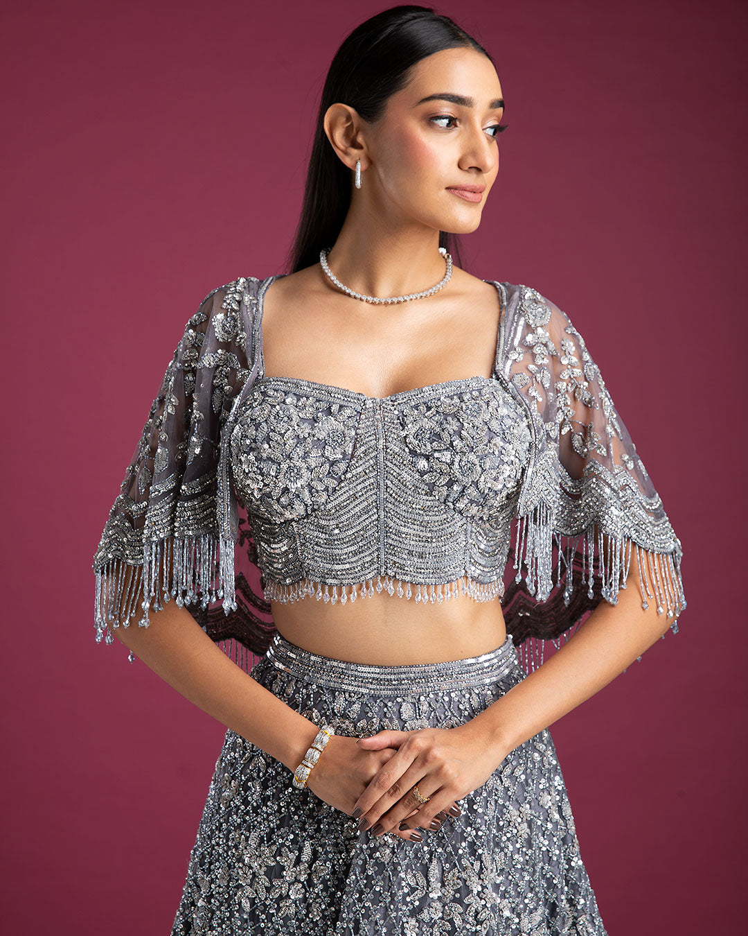 Smoky Grey Lehenga Set with Cape blouse - Mokshaa