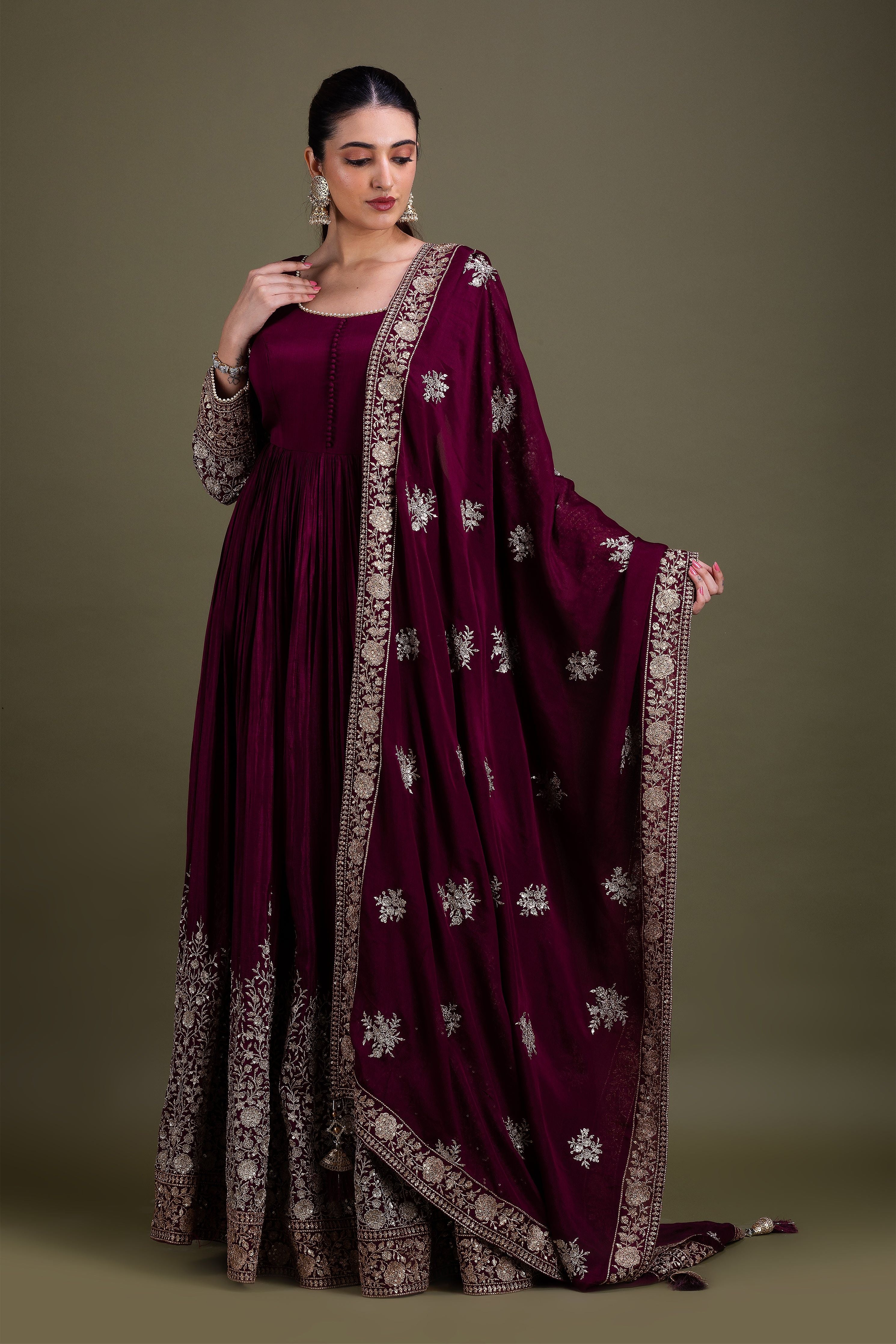 Deep Maroon Embellished Anarkali Set  Mokshaa