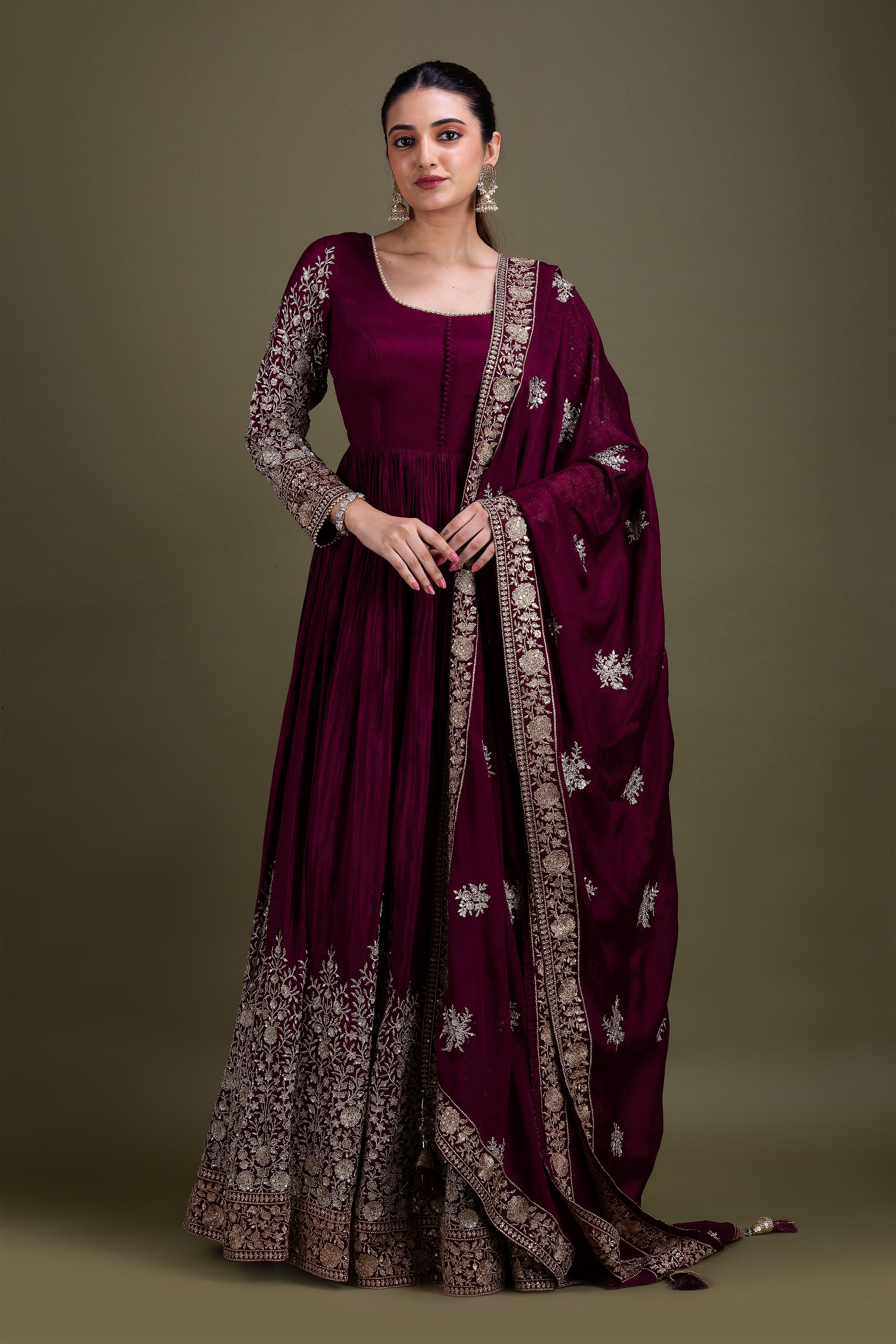 Deep Maroon Embellished Anarkali Set  Mokshaa