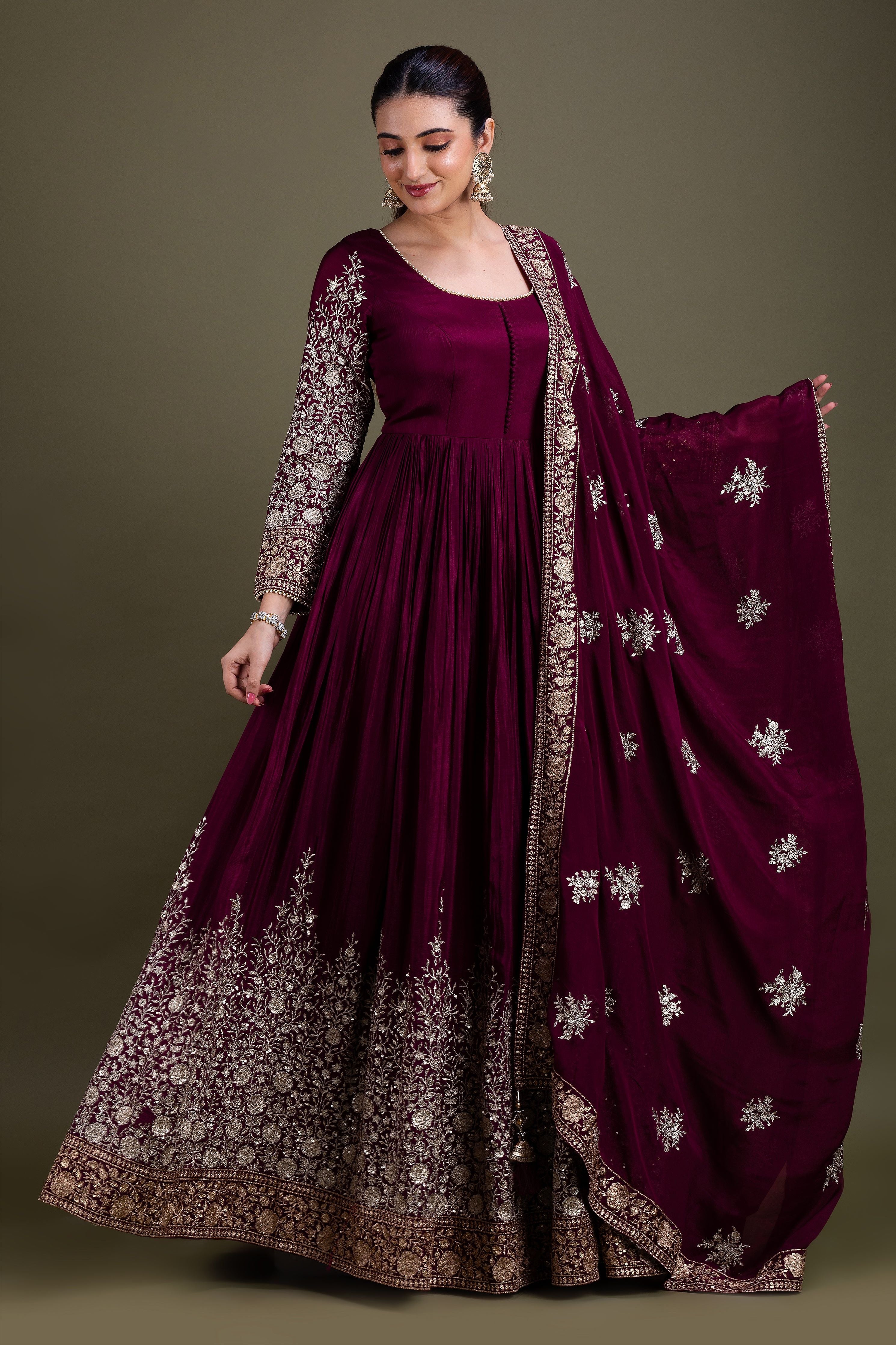 Deep Maroon Embellished Anarkali Set  Mokshaa