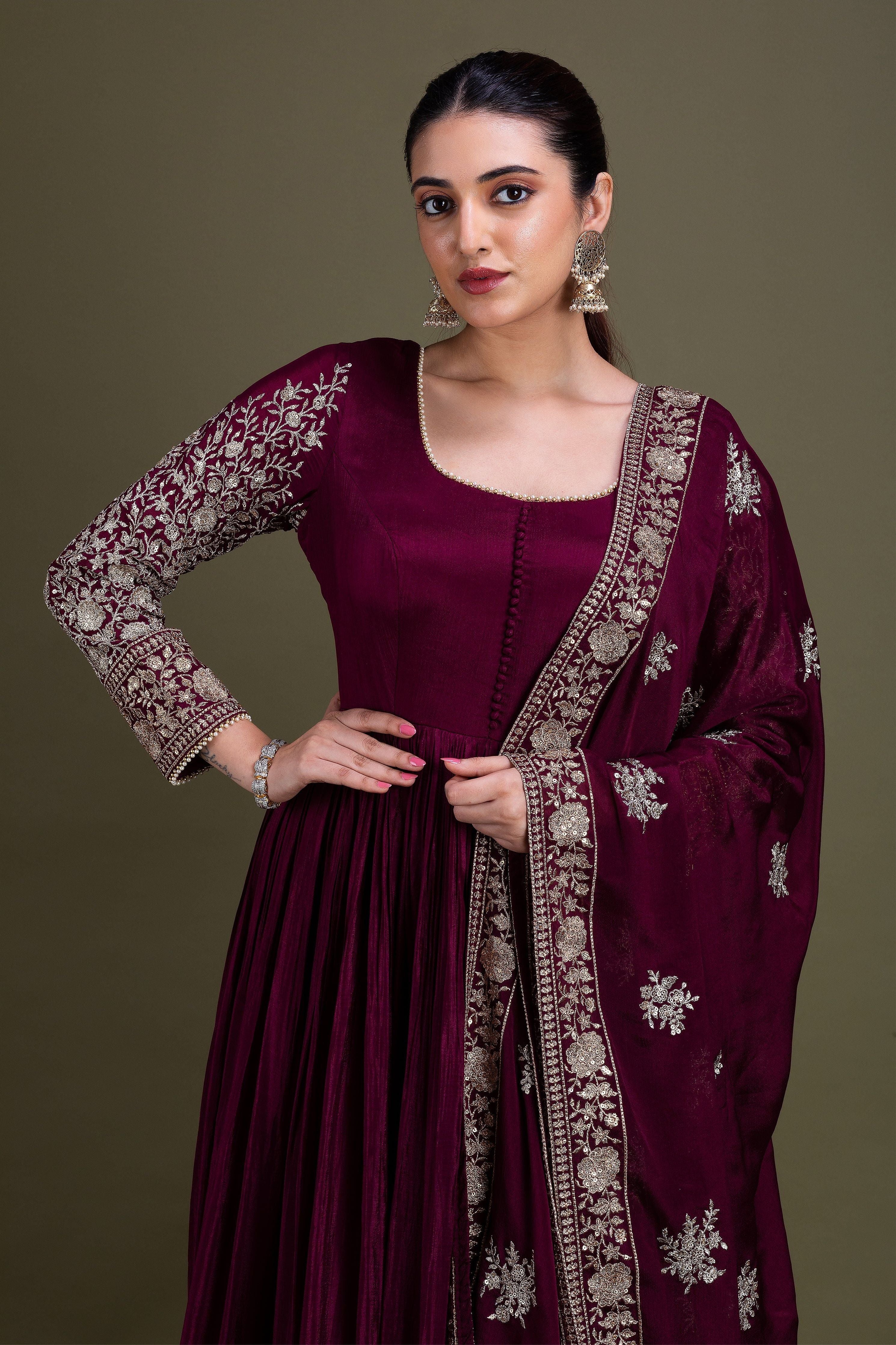 Deep Maroon Embellished Anarkali Set  Mokshaa