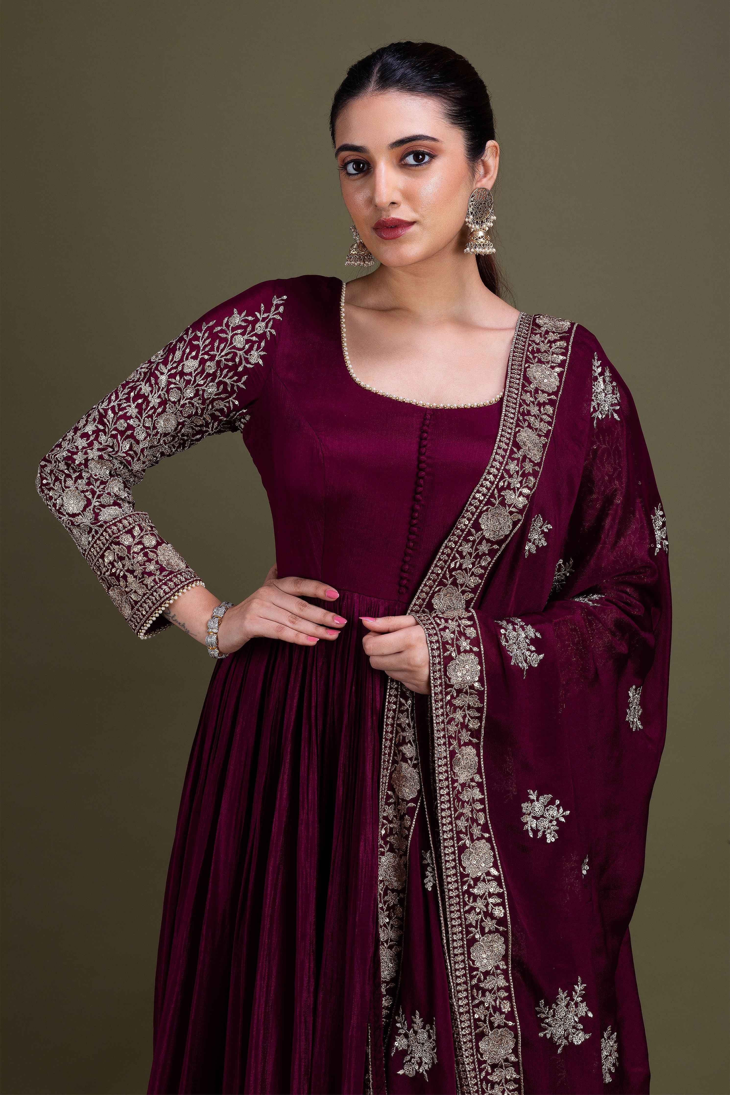 Deep Maroon Embellished Anarkali Set  Mokshaa