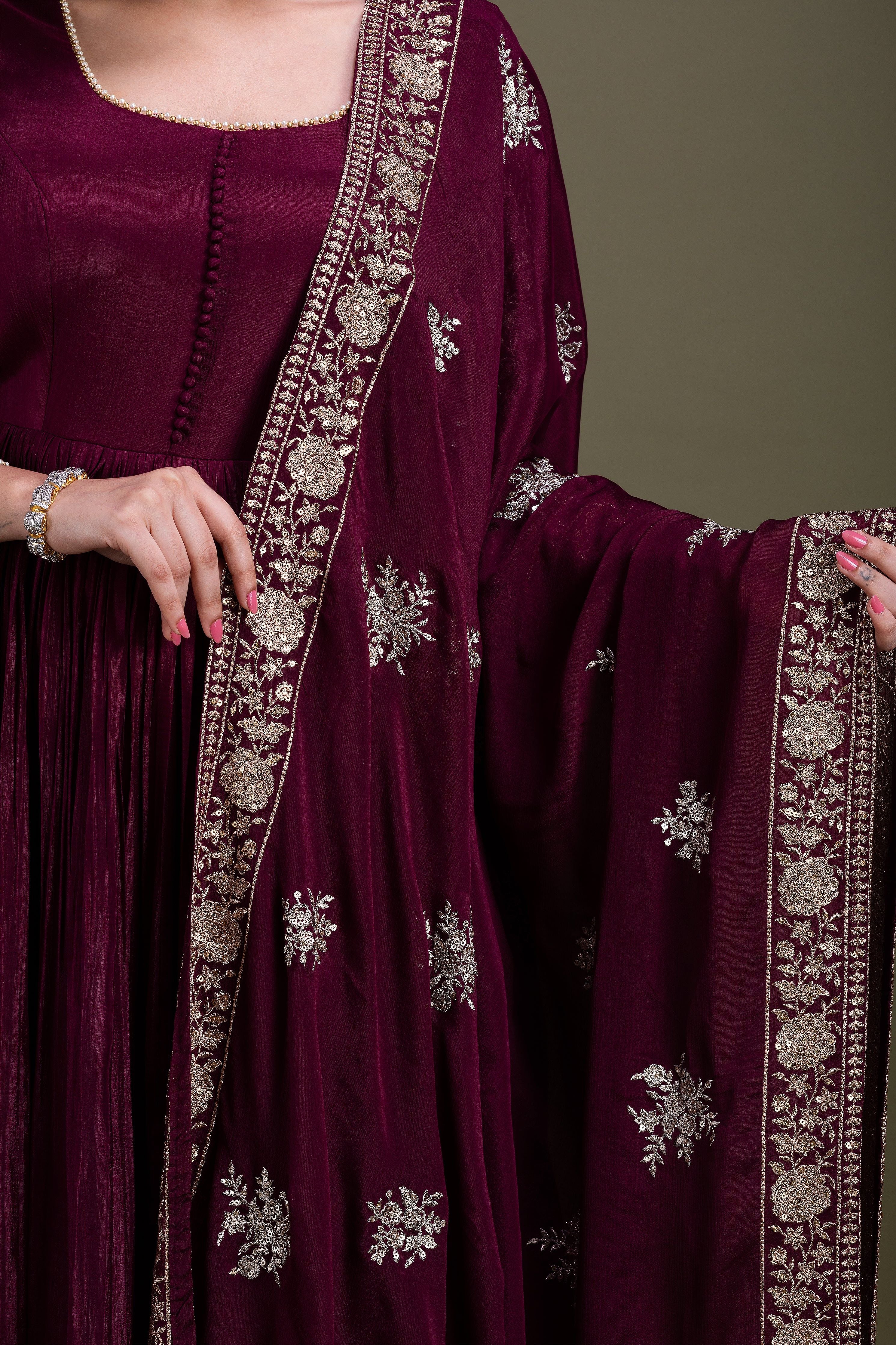 Deep Maroon Embellished Anarkali Set  Mokshaa