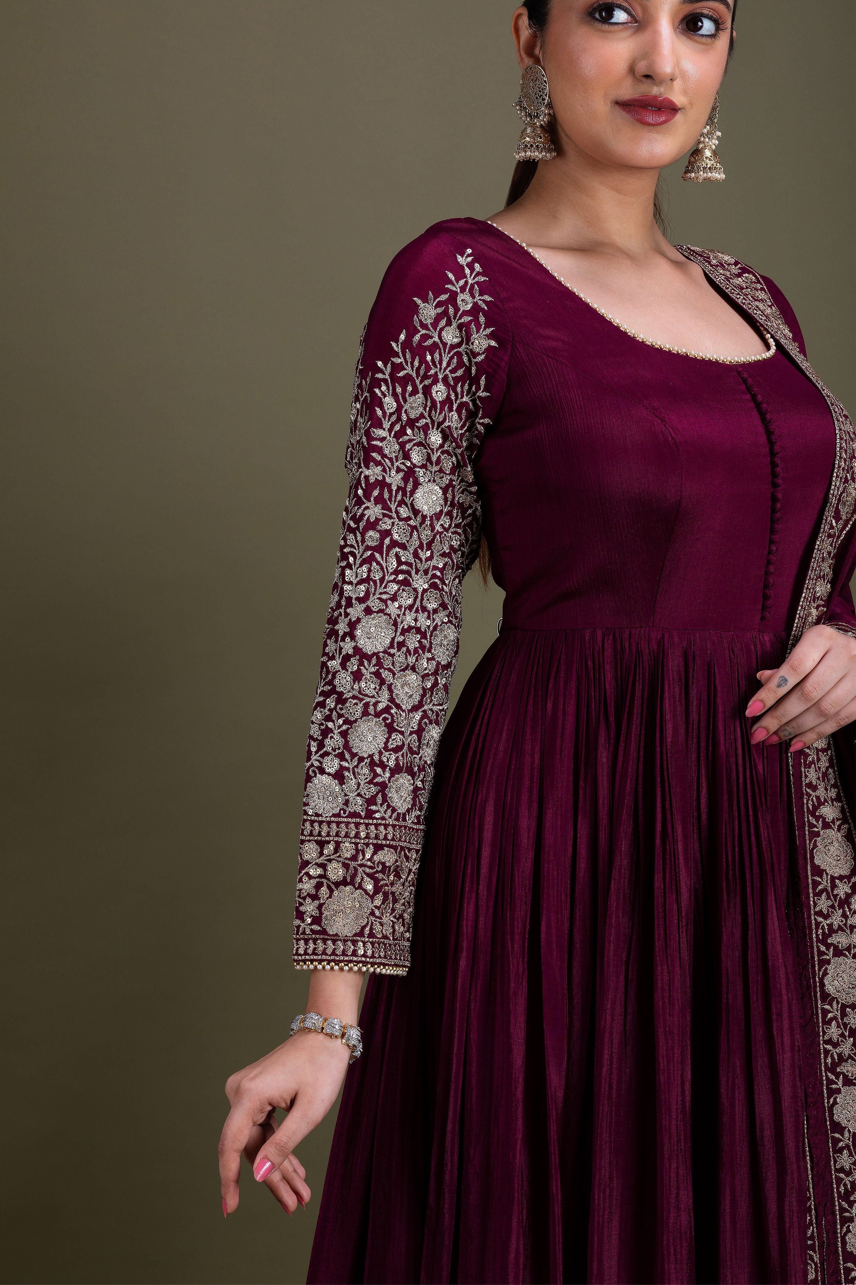 Deep Maroon Embellished Anarkali Set  Mokshaa