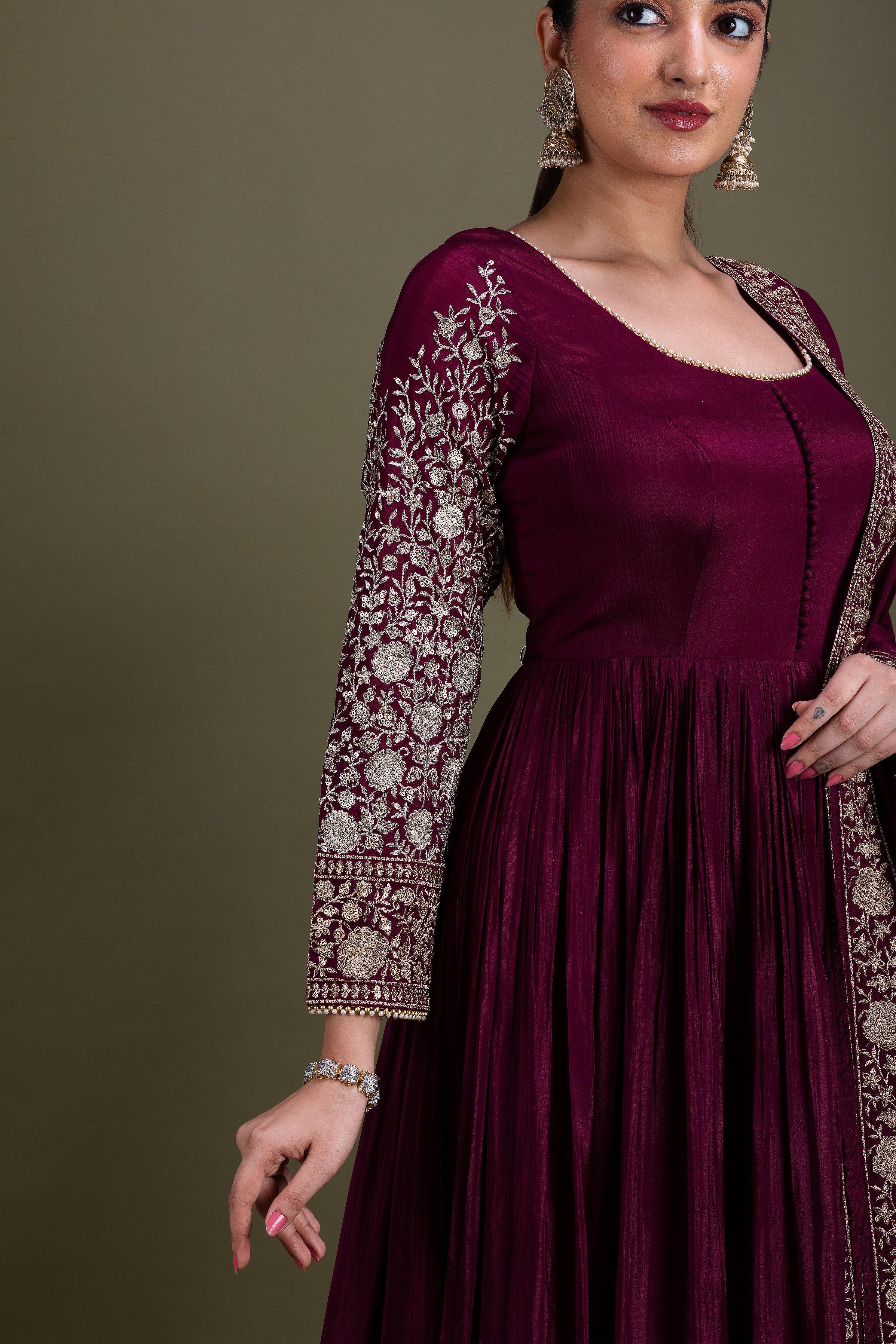 Deep Maroon Embellished Anarkali Set  Mokshaa