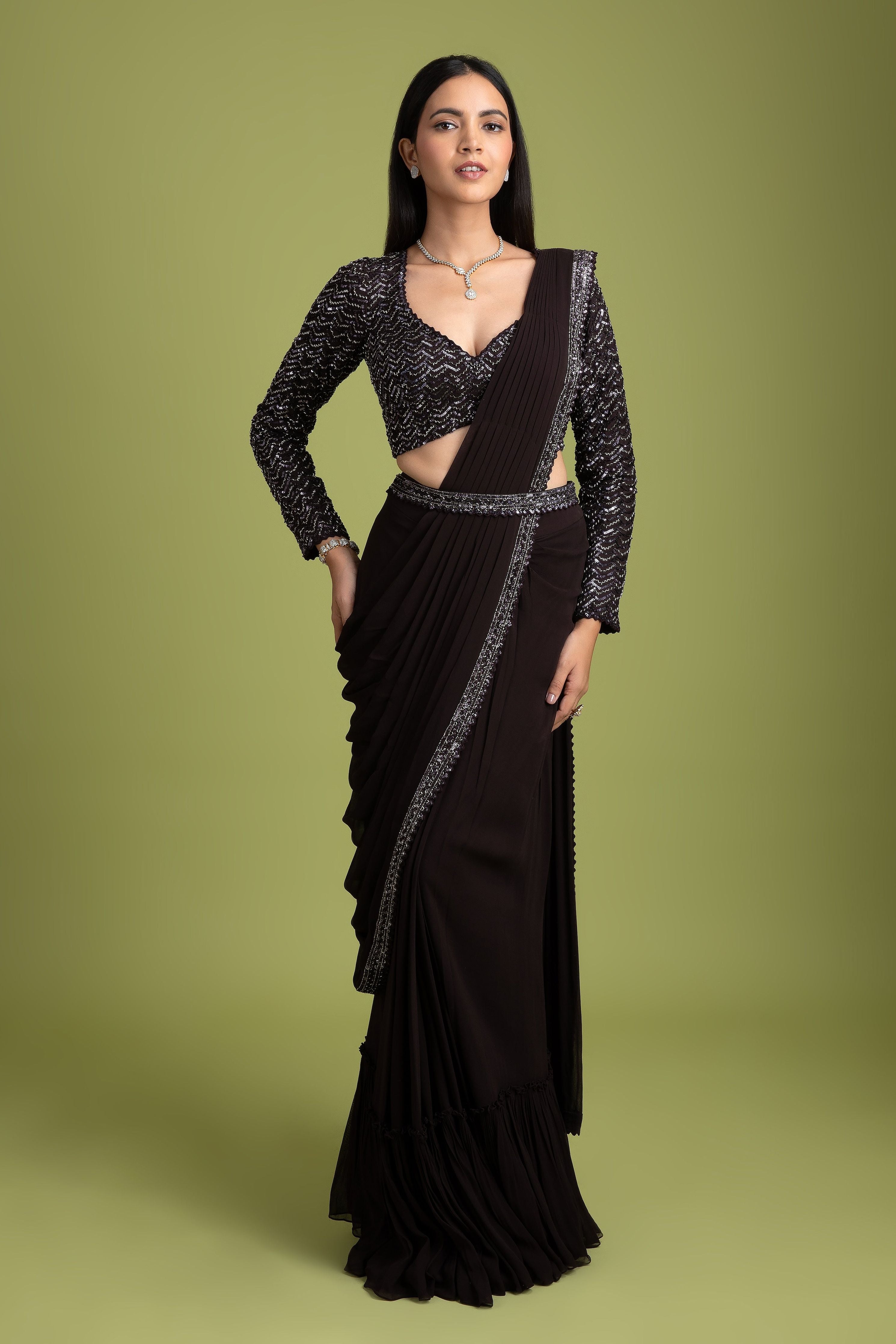 Dark Brown Georgette Drape saree - Mokshaa