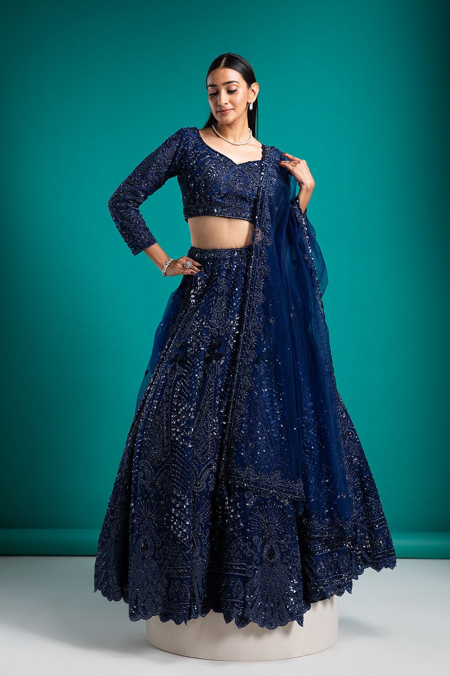 Navy Blue Sequined Bridal Lehenga - Mokshaa