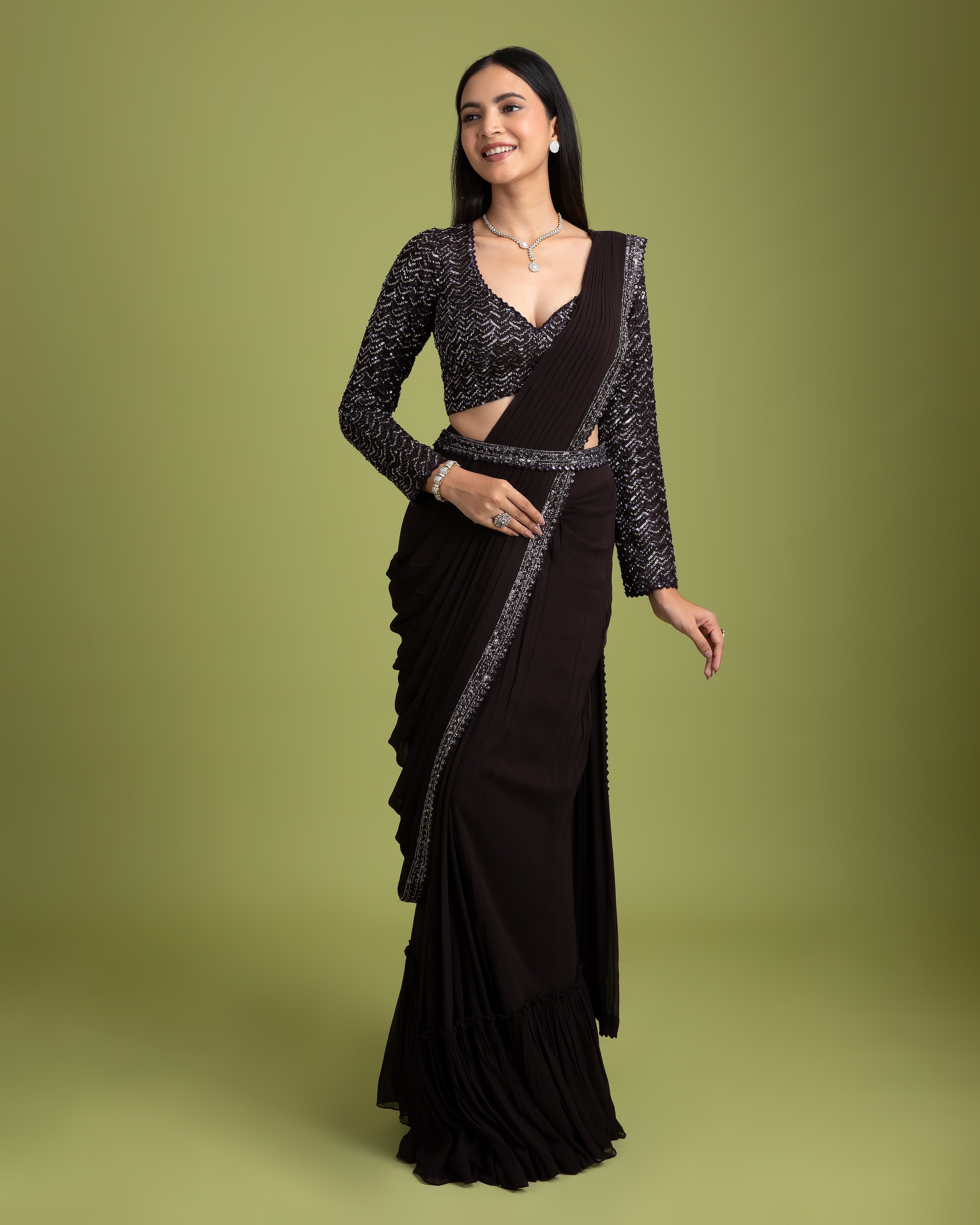 Dark Brown Georgette Drape saree - Mokshaa