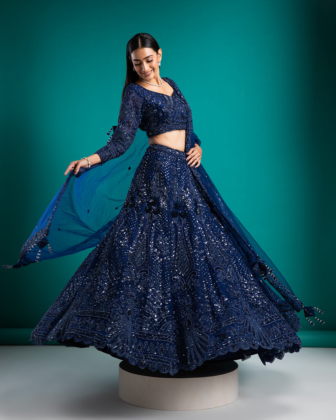 Navy Blue Sequined Bridal Lehenga - Mokshaa