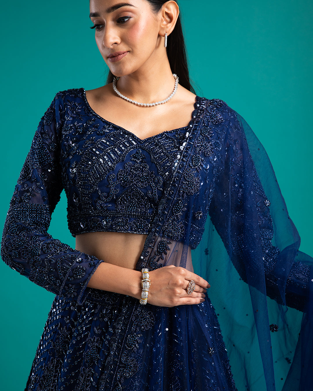 Navy Blue Sequined Bridal Lehenga - Mokshaa