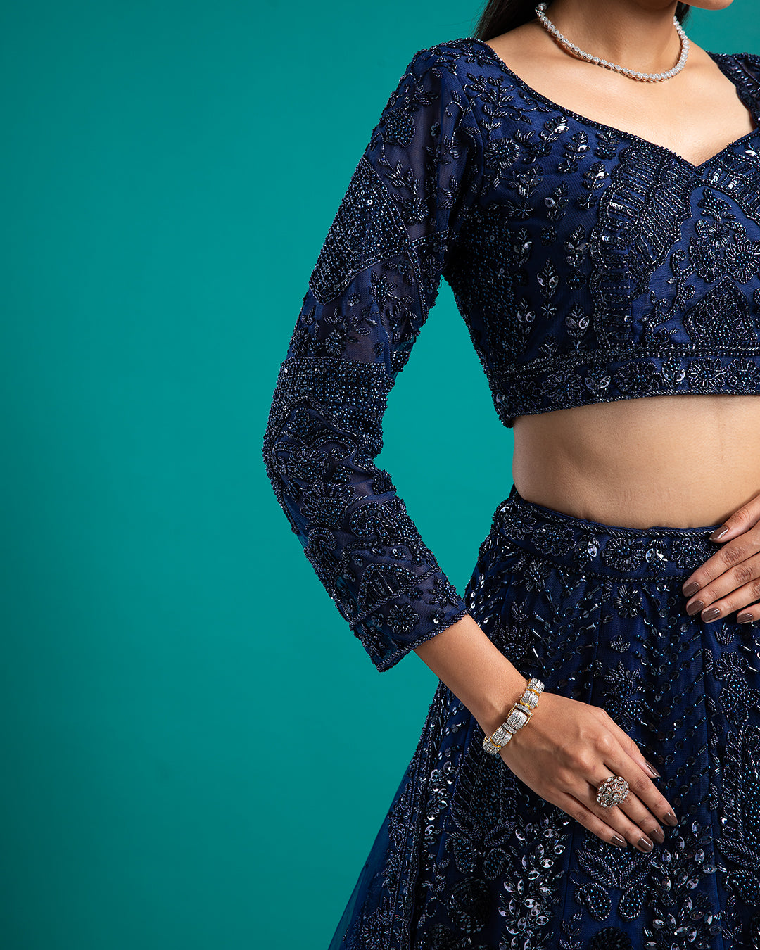 Navy Blue Sequined Bridal Lehenga - Mokshaa