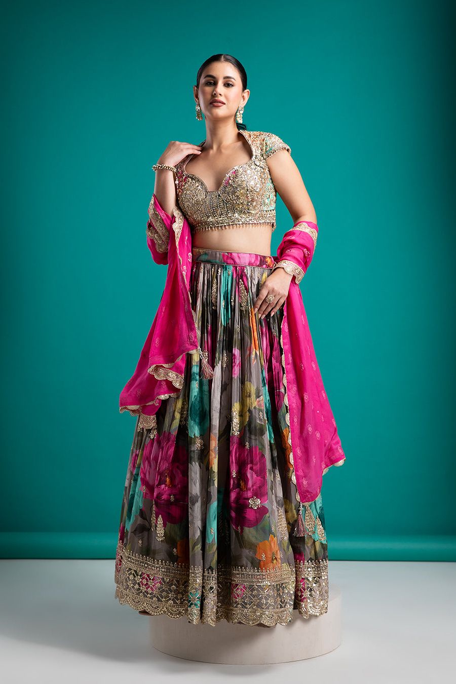 Floral Printed Lehenga with Embellished Blouse - Mokshaa