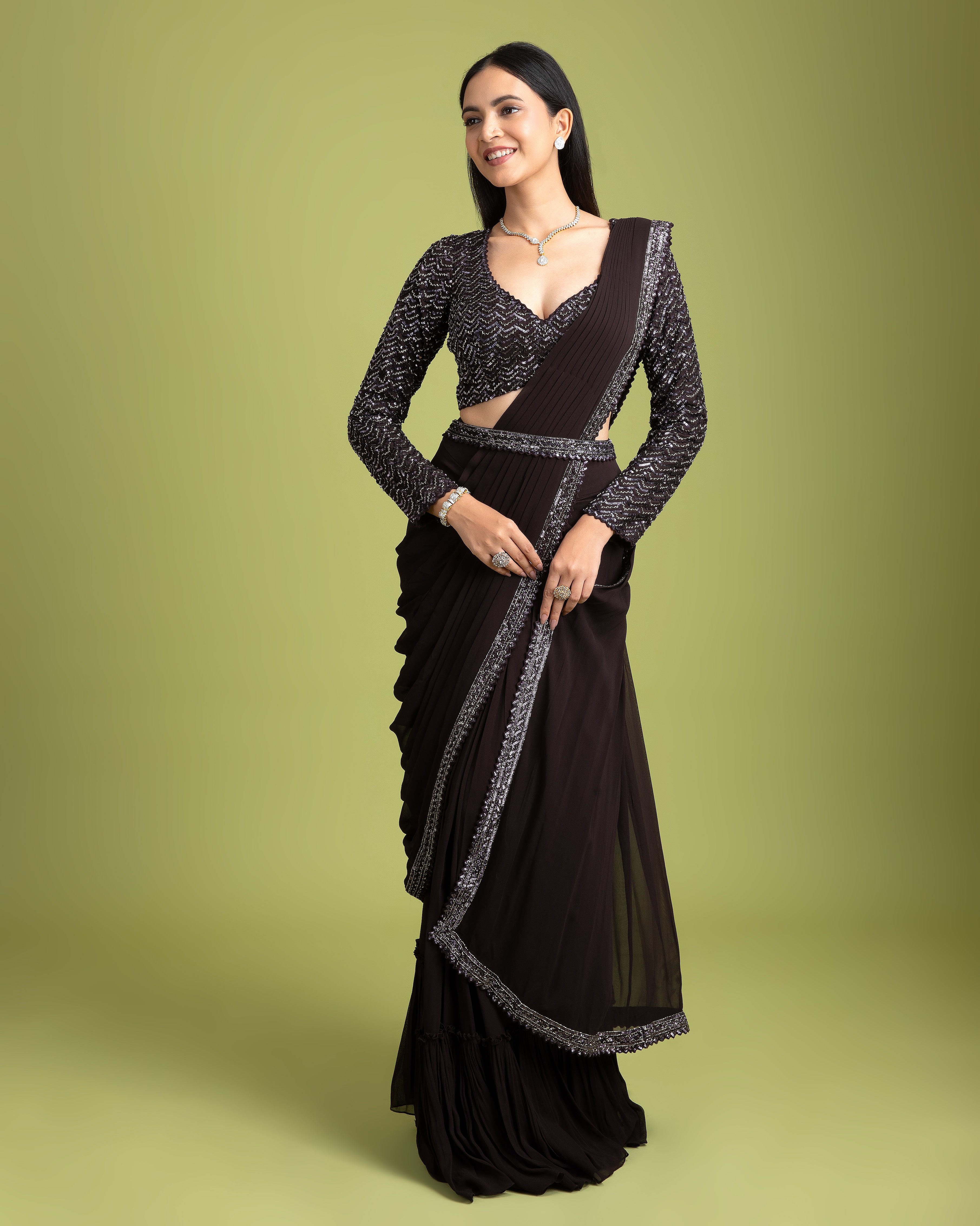 Dark Brown Georgette Drape saree - Mokshaa