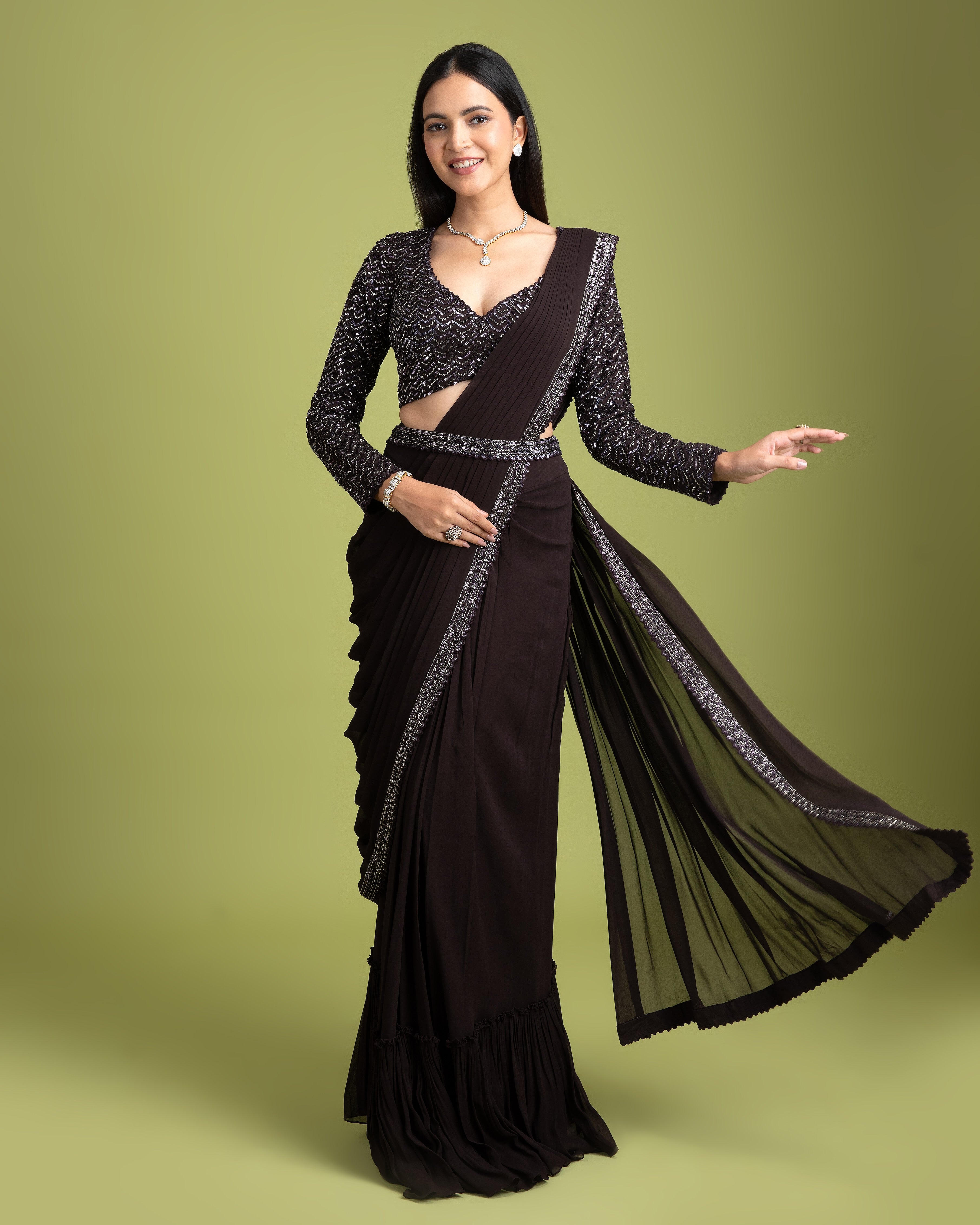 Dark Brown Georgette Drape saree - Mokshaa