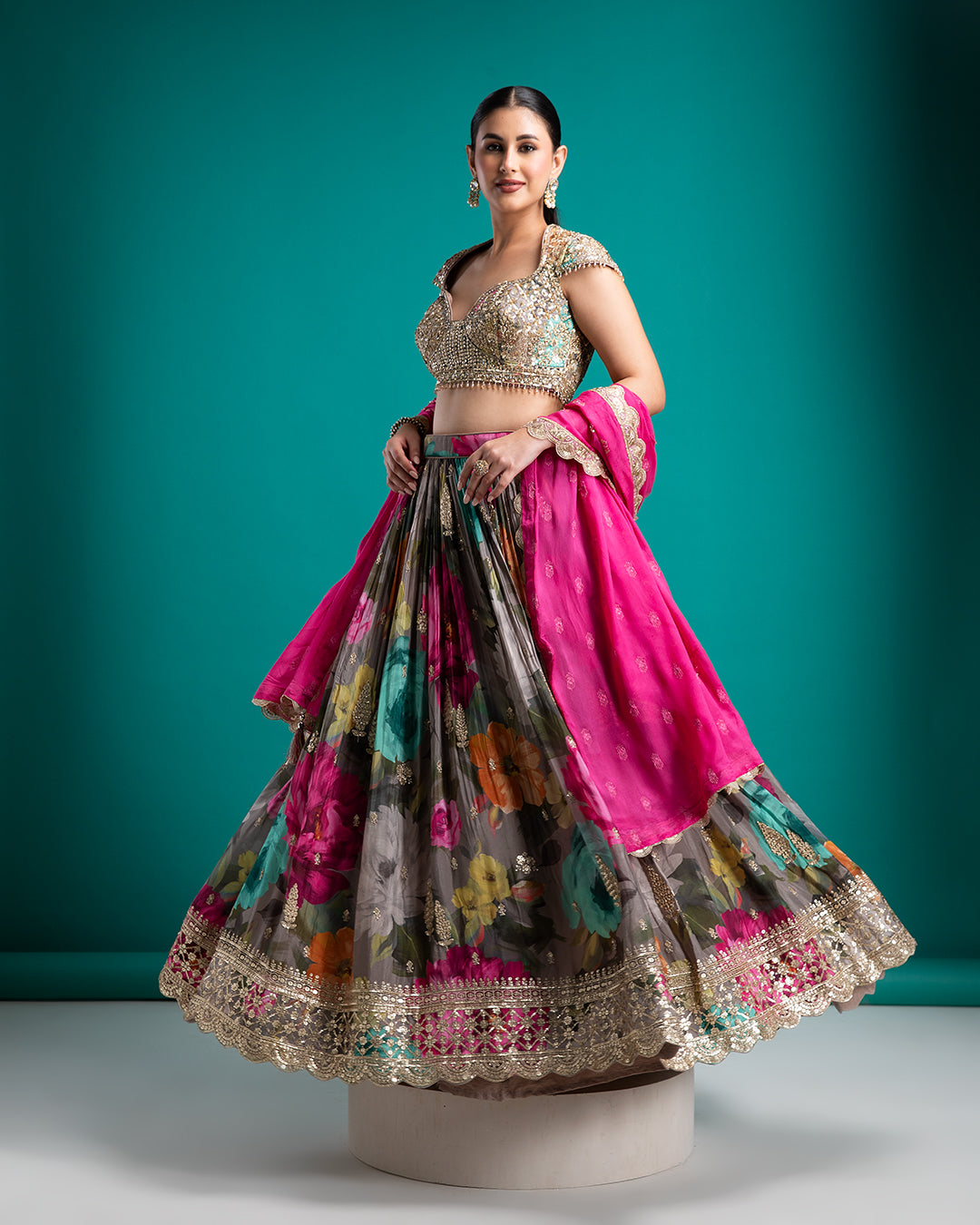 Floral Printed Lehenga with Embellished Blouse - Mokshaa