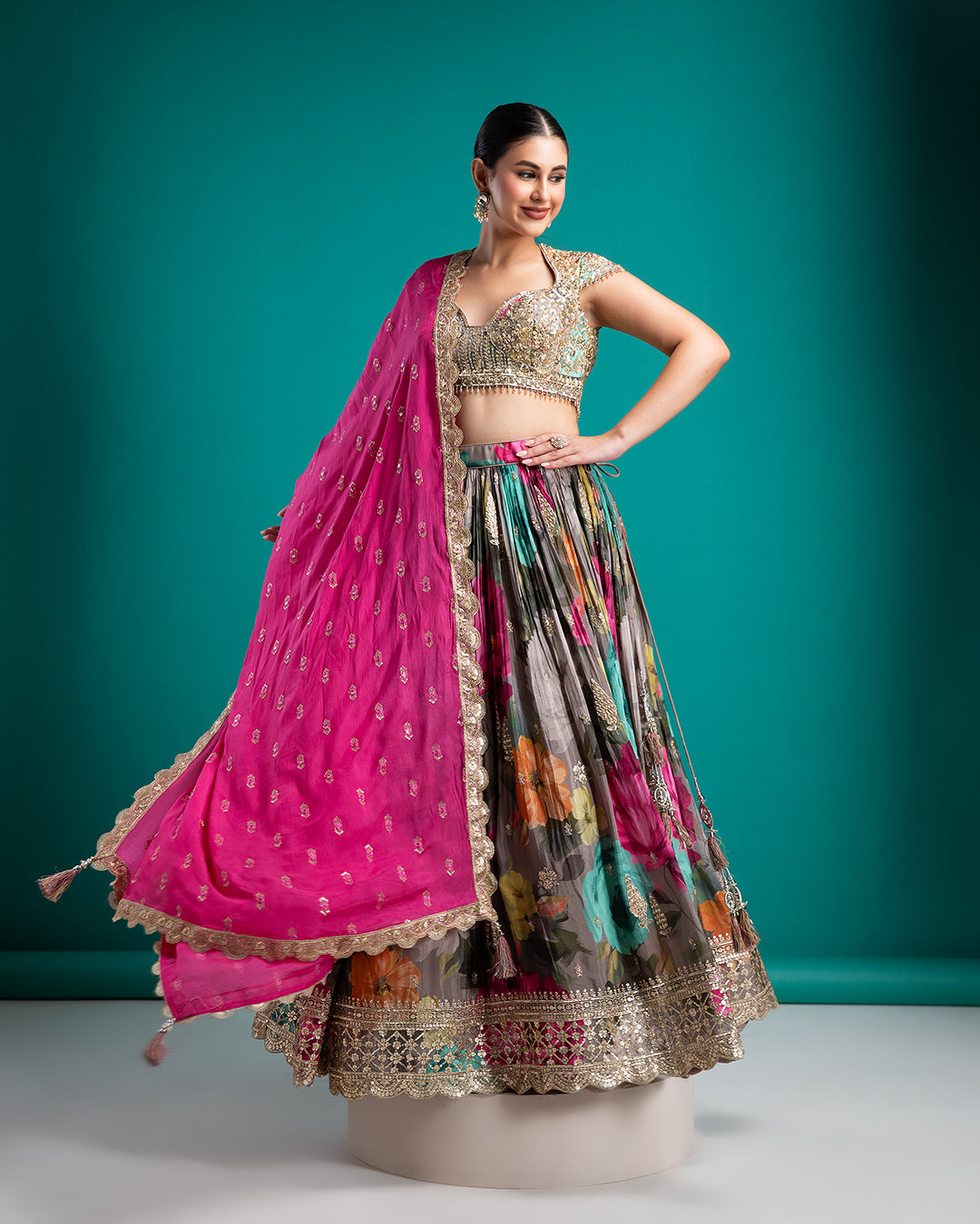 Floral Printed Lehenga with Embellished Blouse - Mokshaa