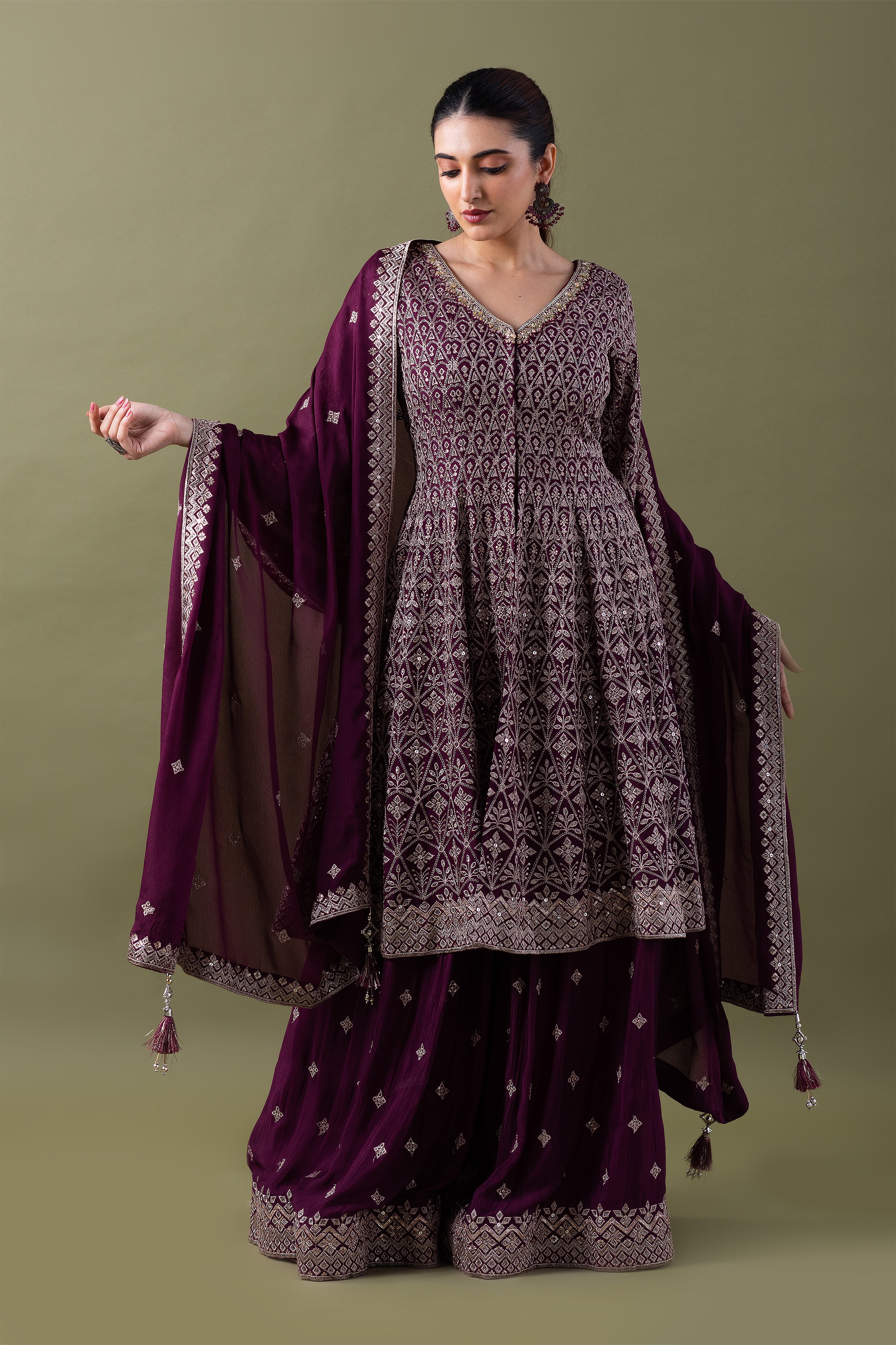 Deep Plum Embroidered Sharara Set - Mokshaa