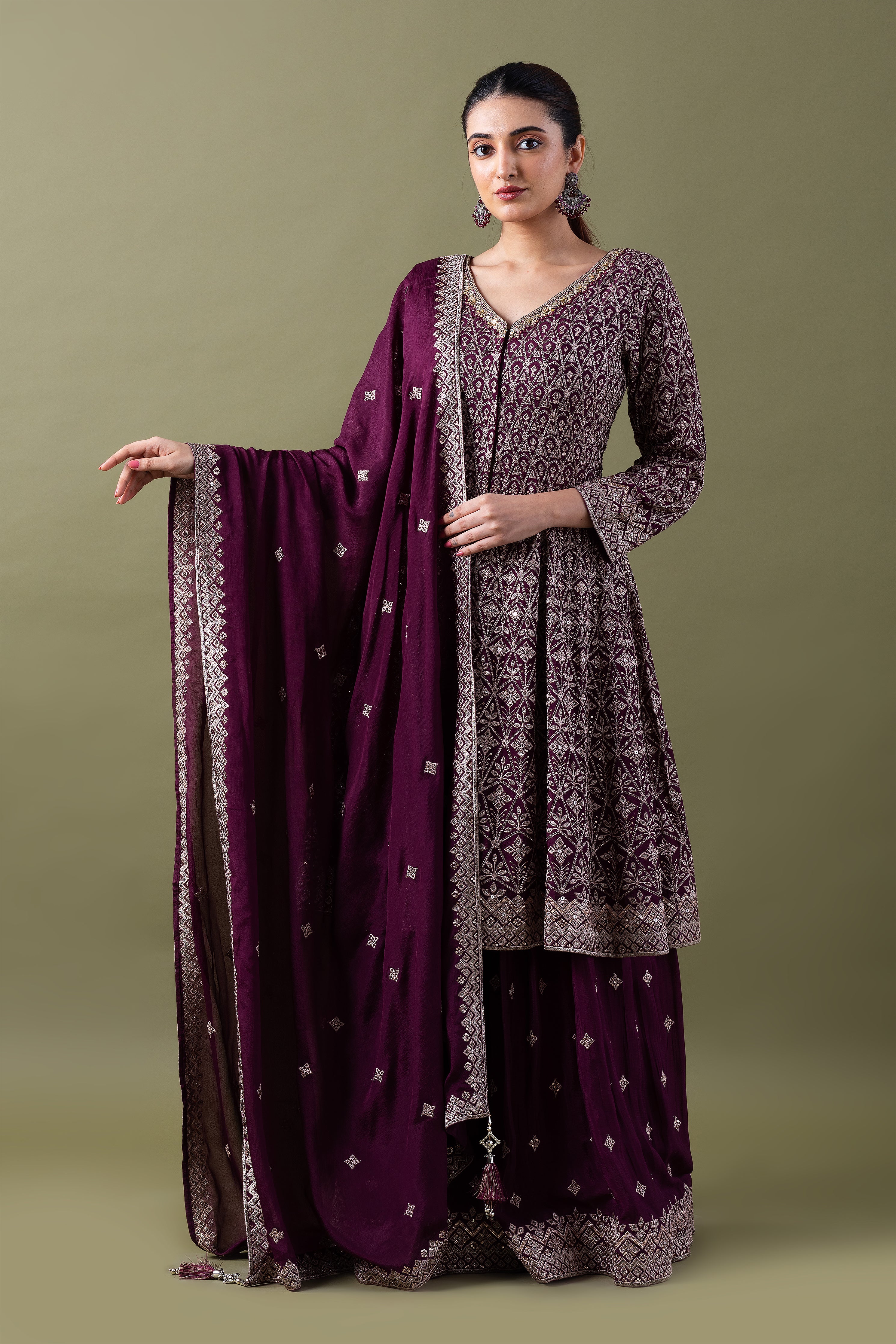 Deep Plum Embroidered Sharara Set - Mokshaa