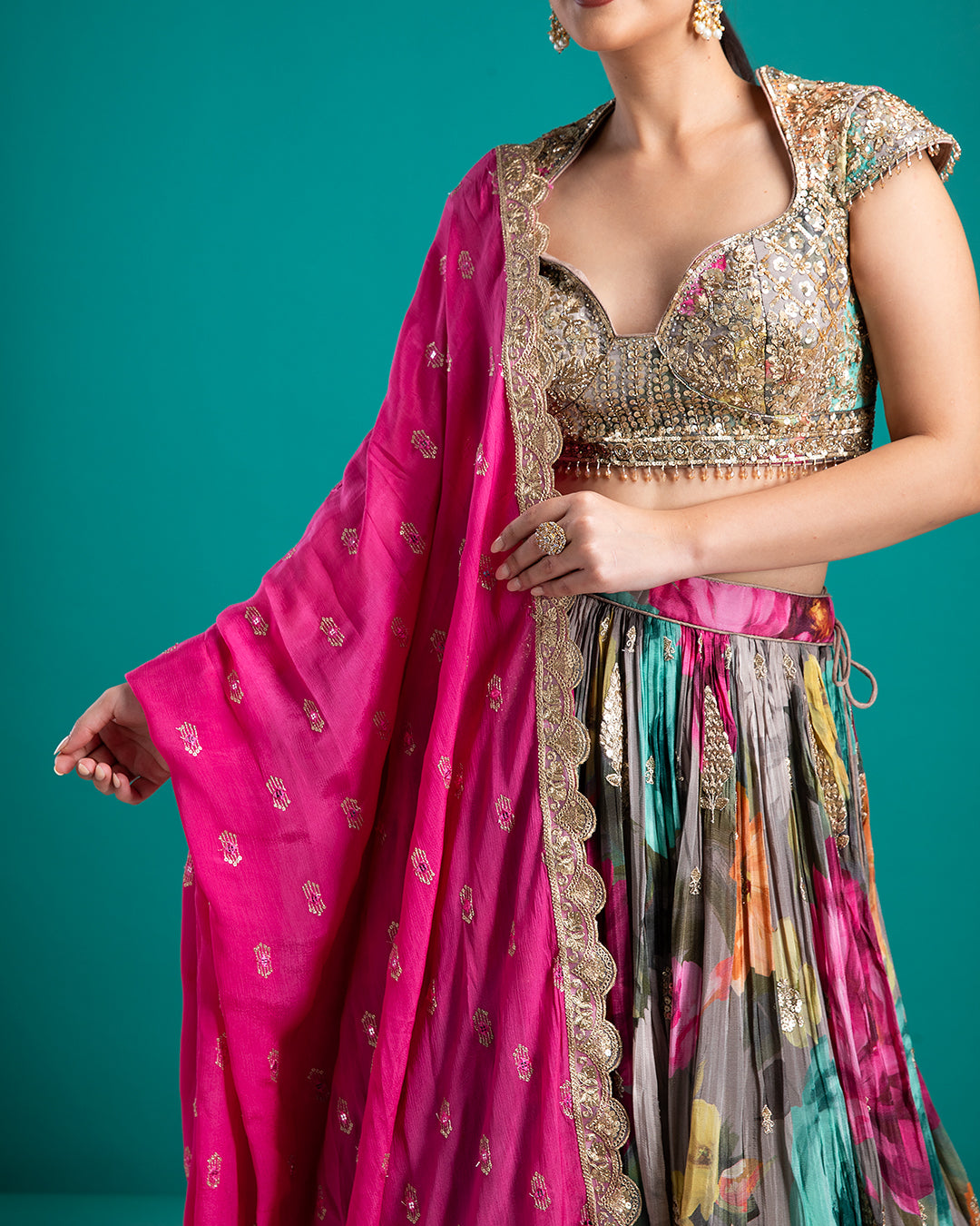 Floral Printed Lehenga with Embellished Blouse - Mokshaa