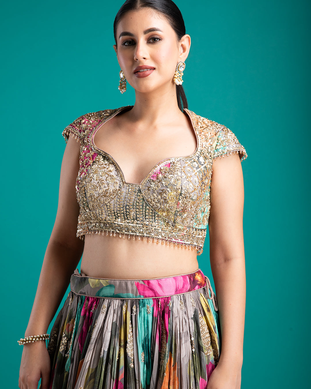 Floral Printed Lehenga with Embellished Blouse - Mokshaa