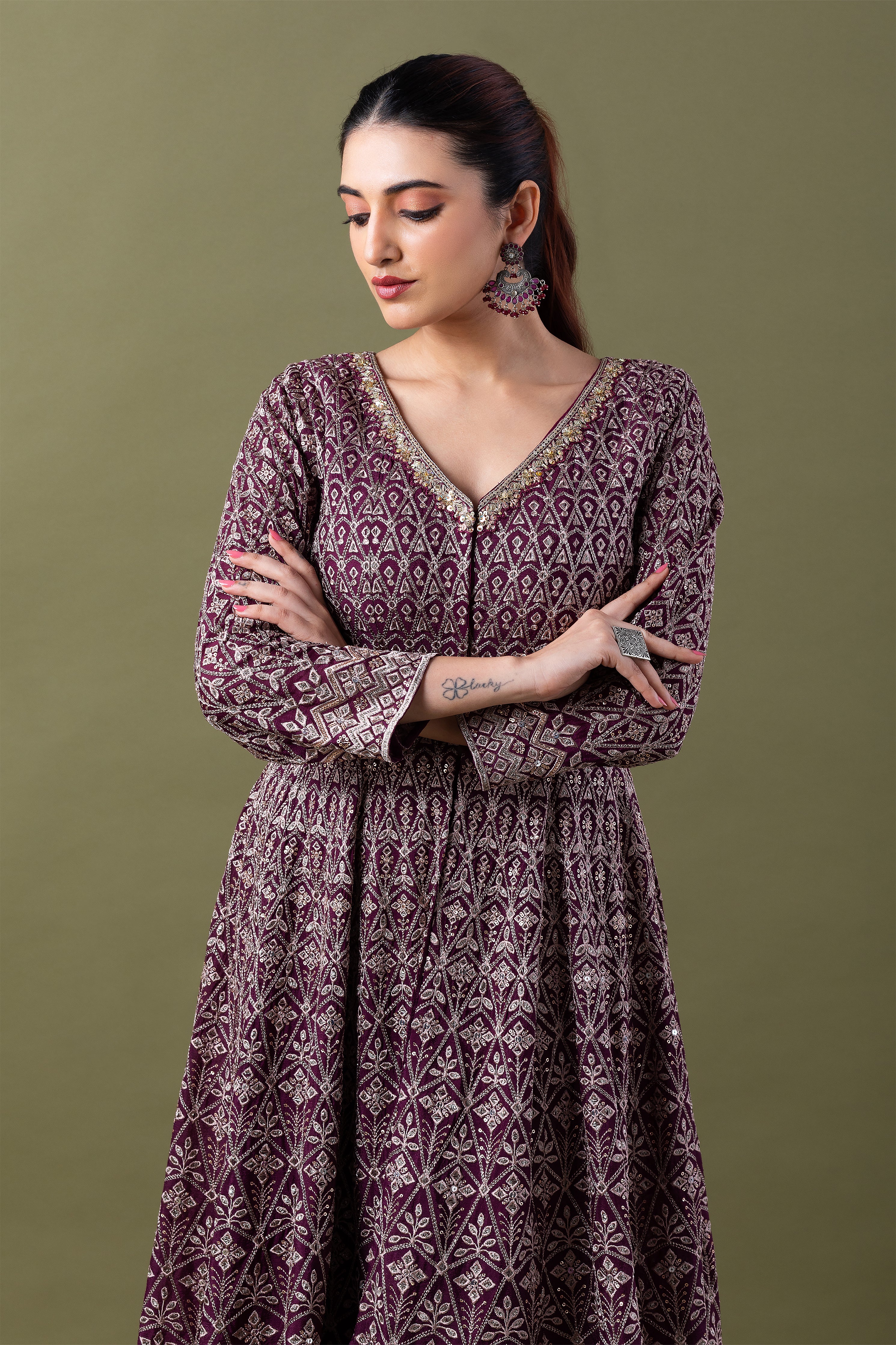 Deep Plum Embroidered Sharara Set - Mokshaa