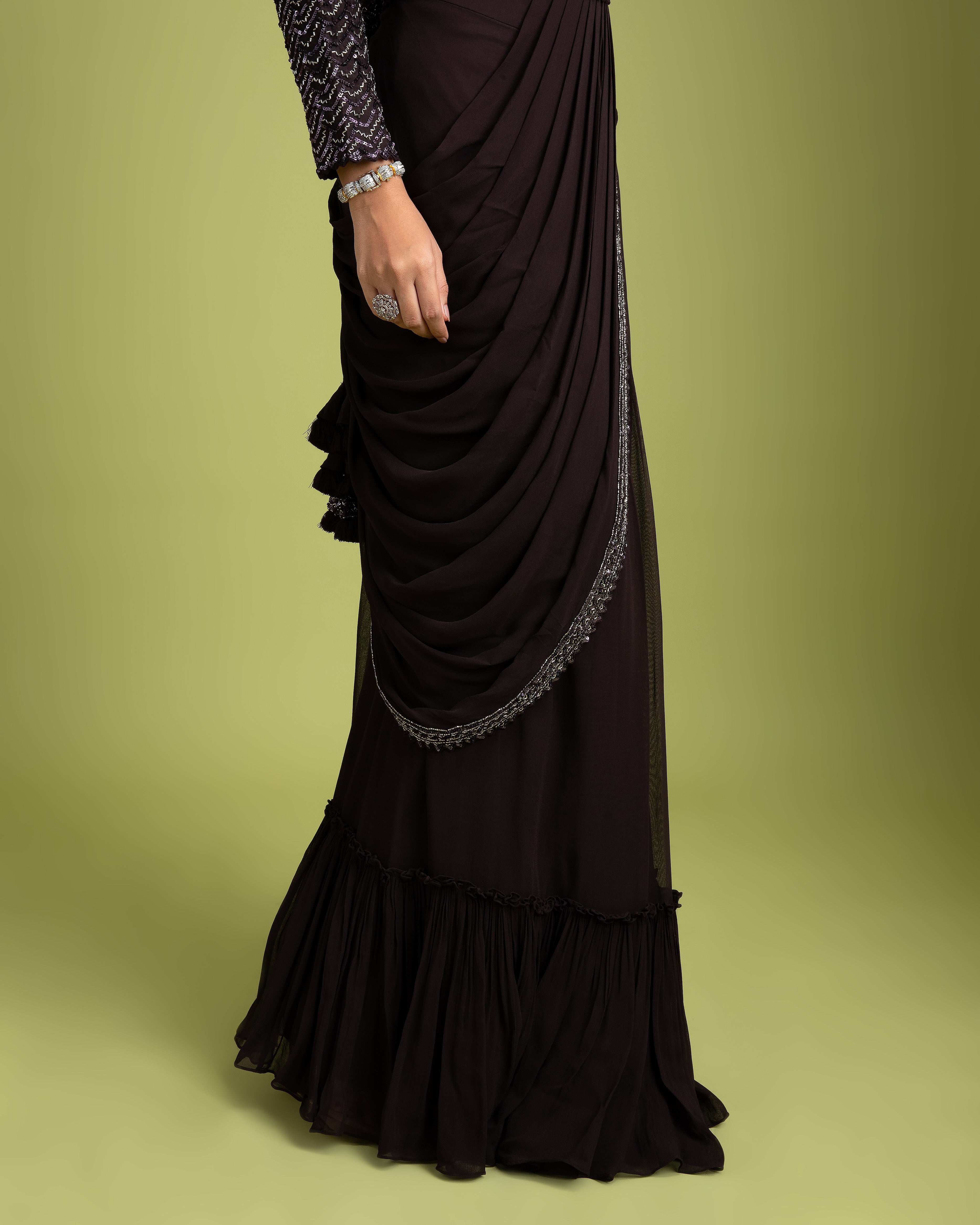 Dark Brown Georgette Drape saree - Mokshaa