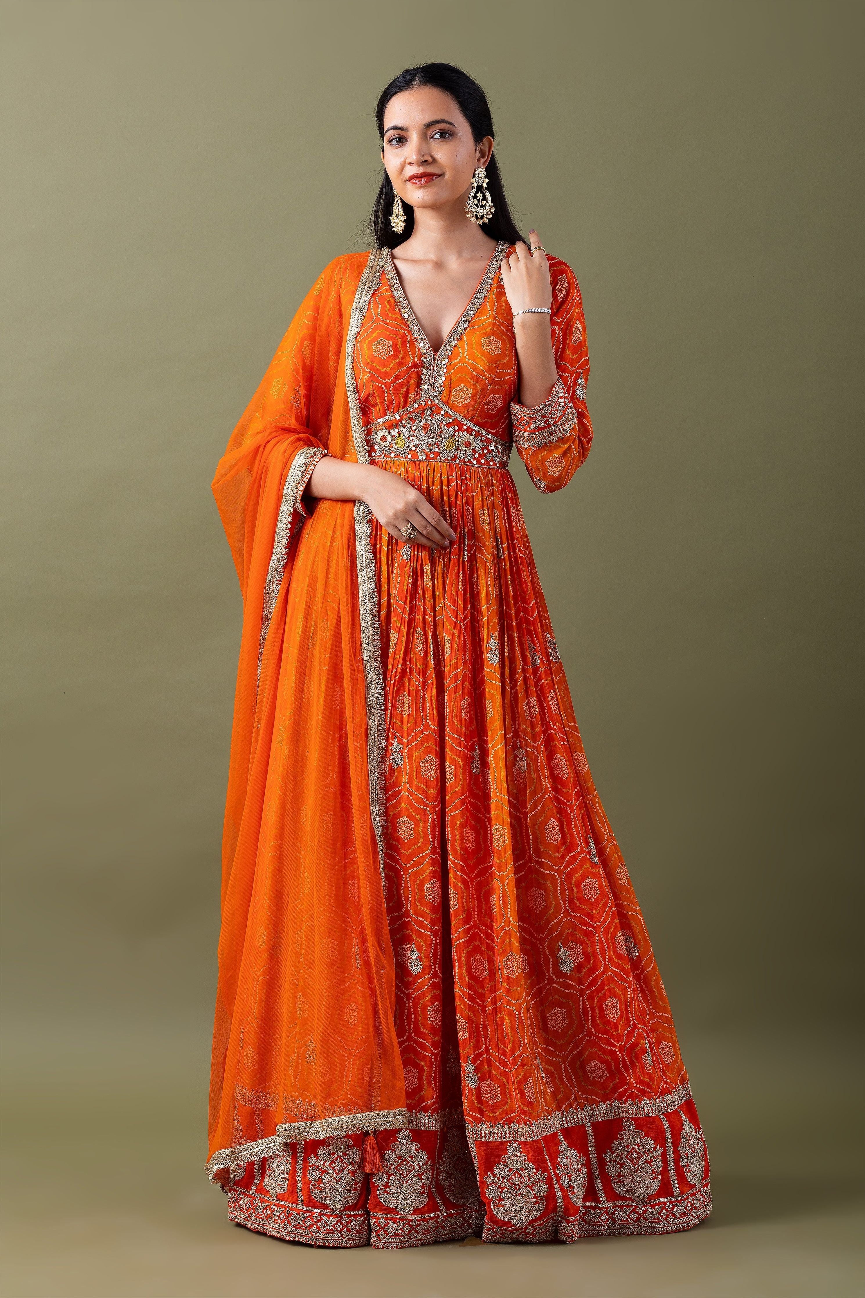 Vibrant Orange Bandhani Anarkali Set  Mokshaa