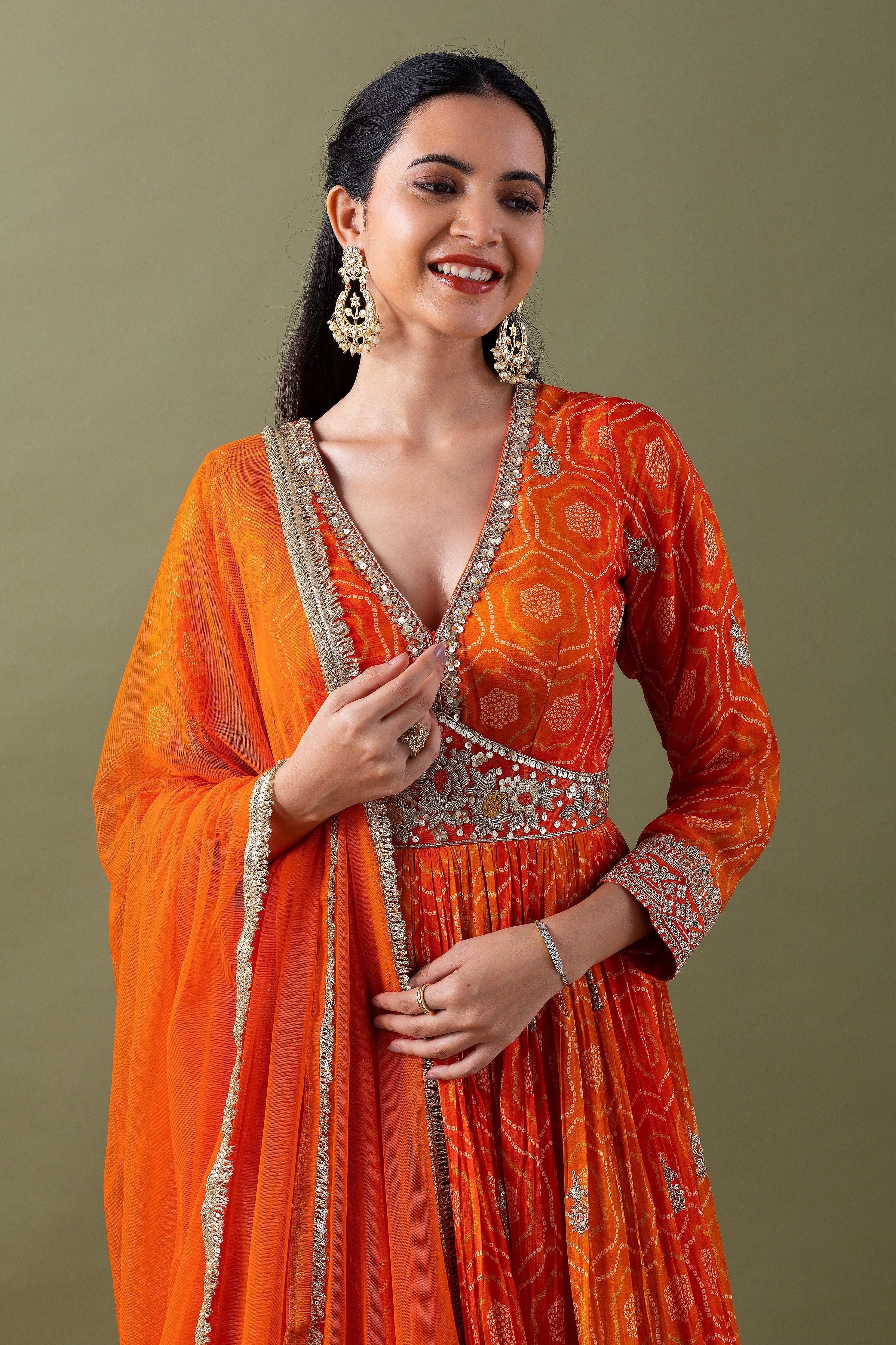 Vibrant Orange Bandhani Anarkali Set聽 Mokshaa