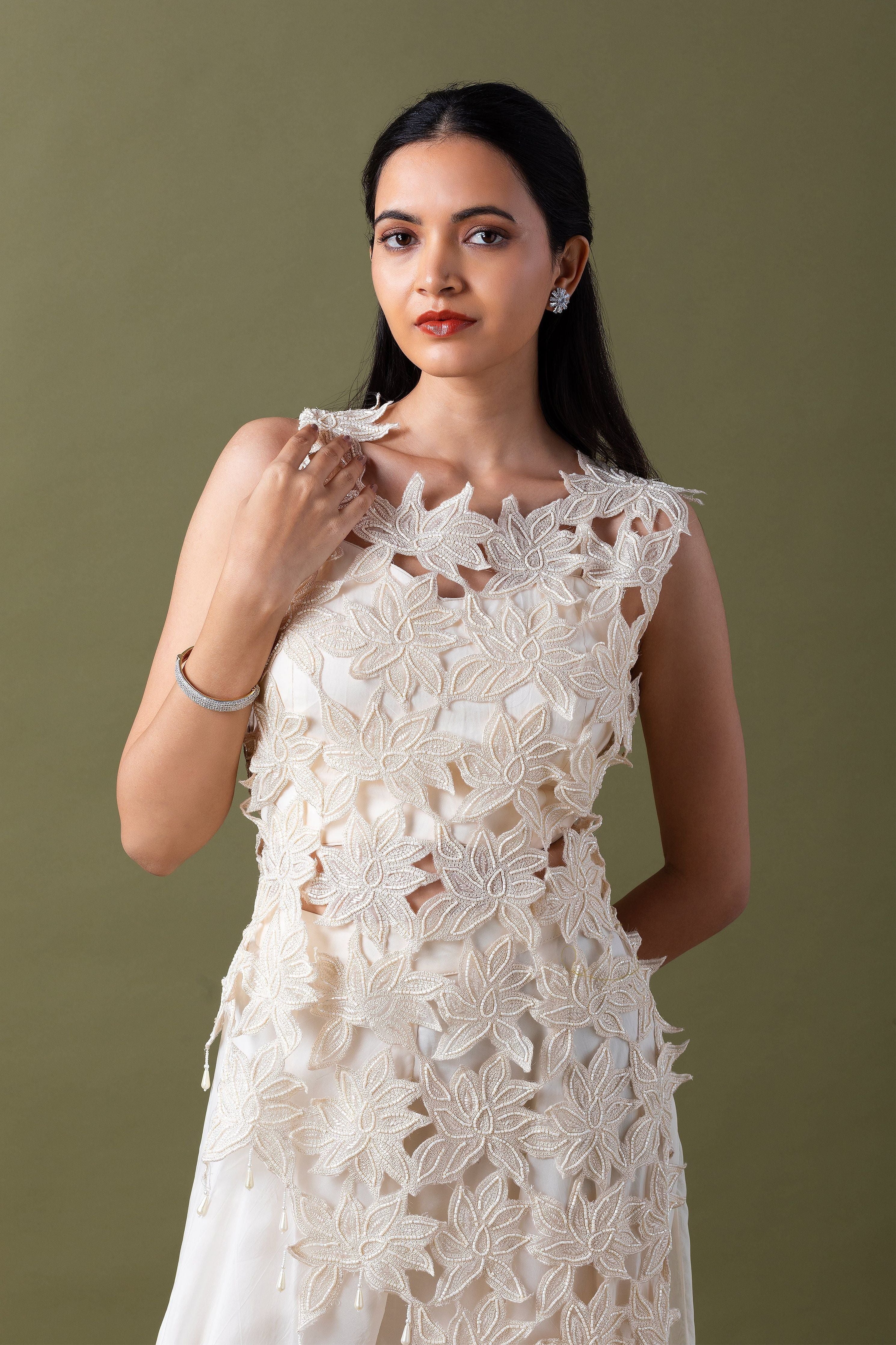 Ivory Floral Applique Co-ord Set  Mokshaa