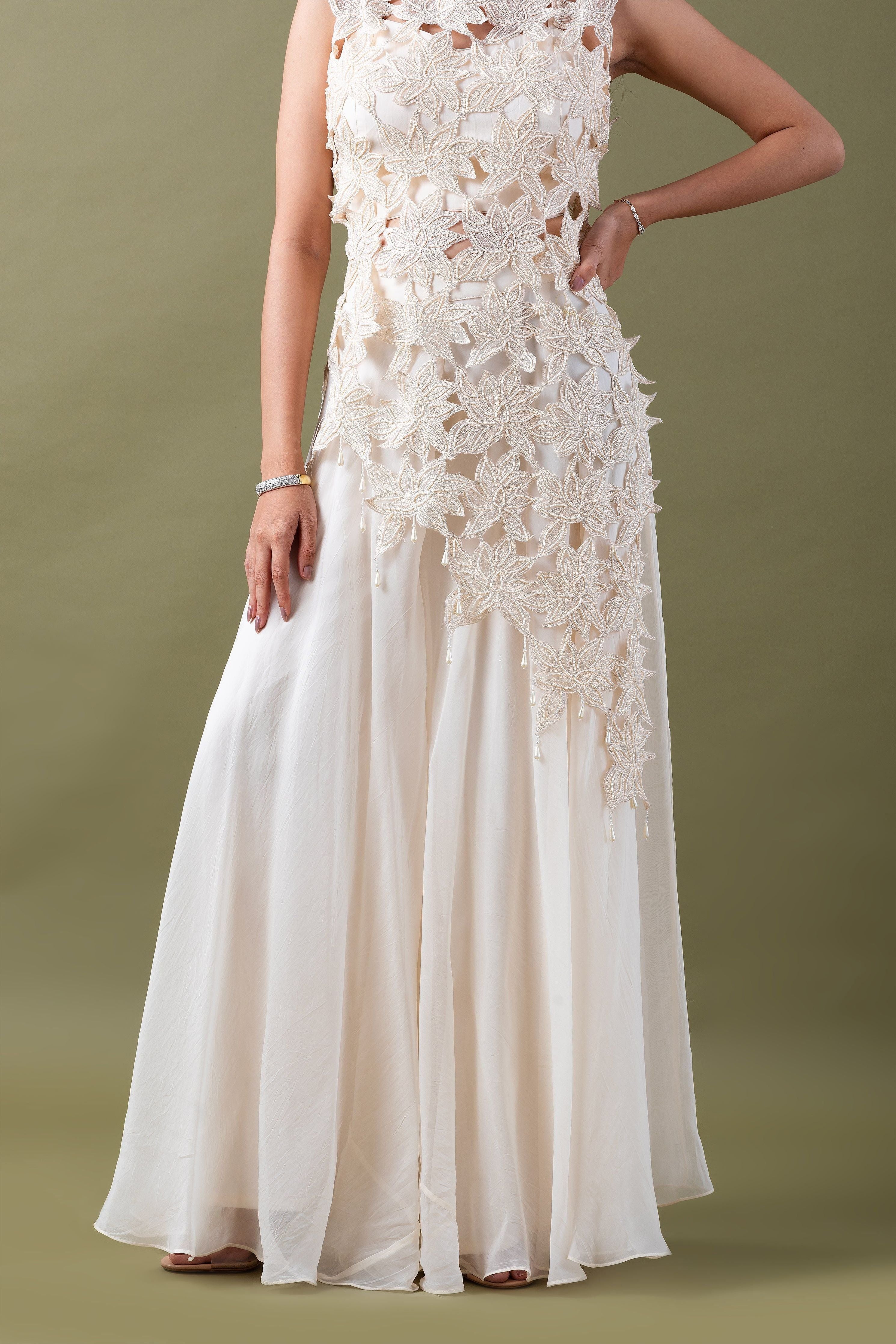 Ivory Floral Applique Co-ord Set  Mokshaa