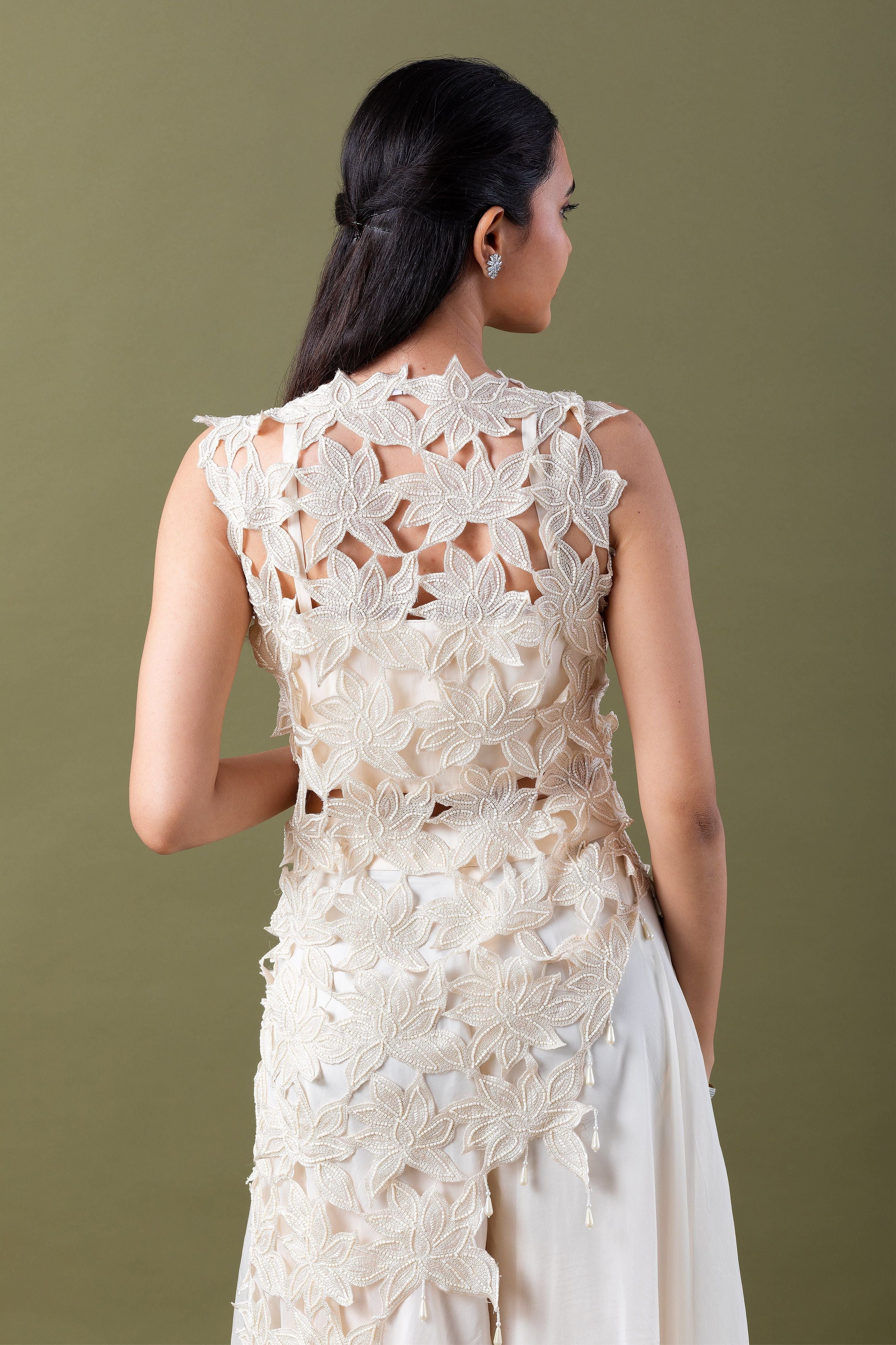 Ivory Floral Applique Co-ord Set  Mokshaa