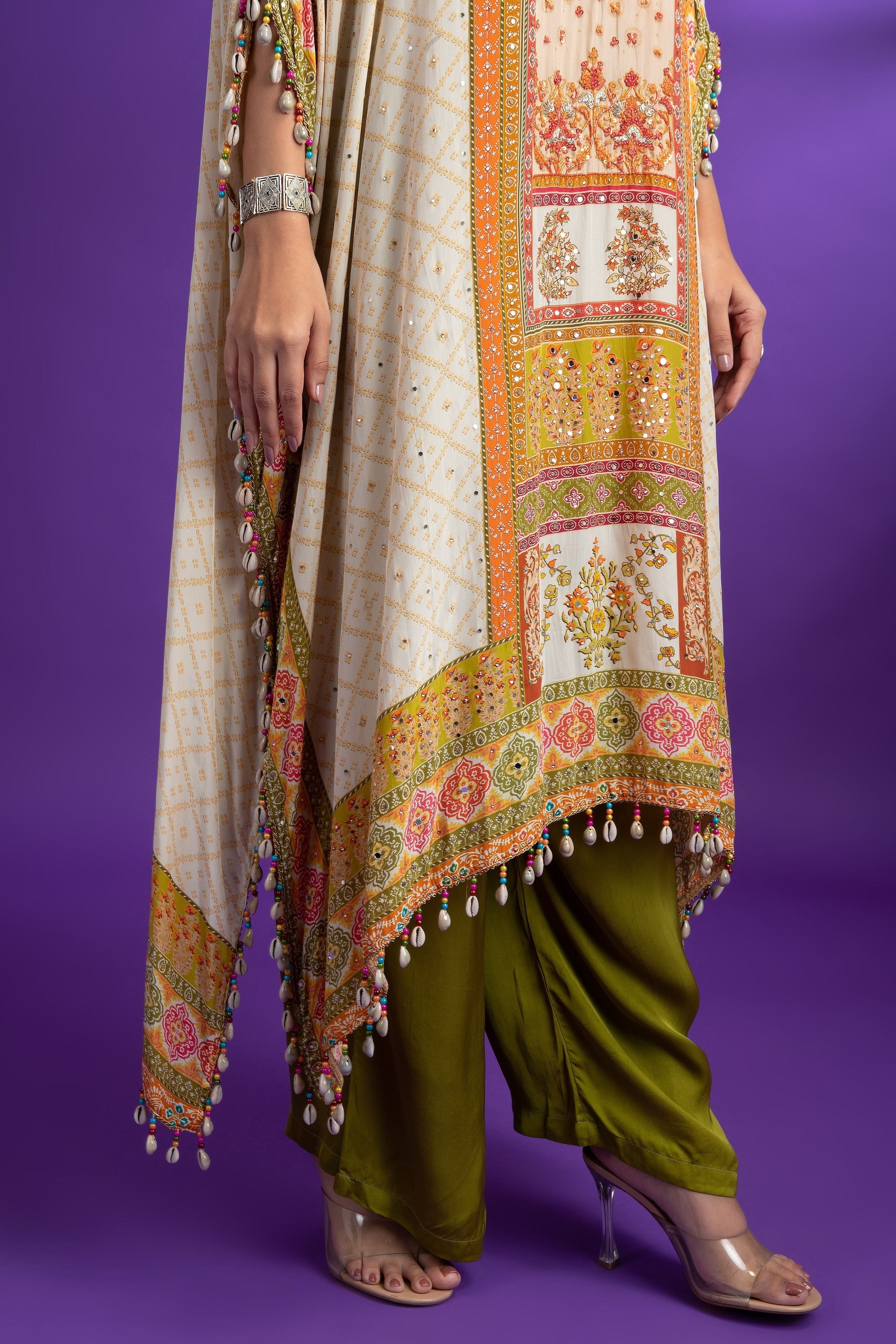 Cream Crepe Printed Kaftaan set - Mokshaa