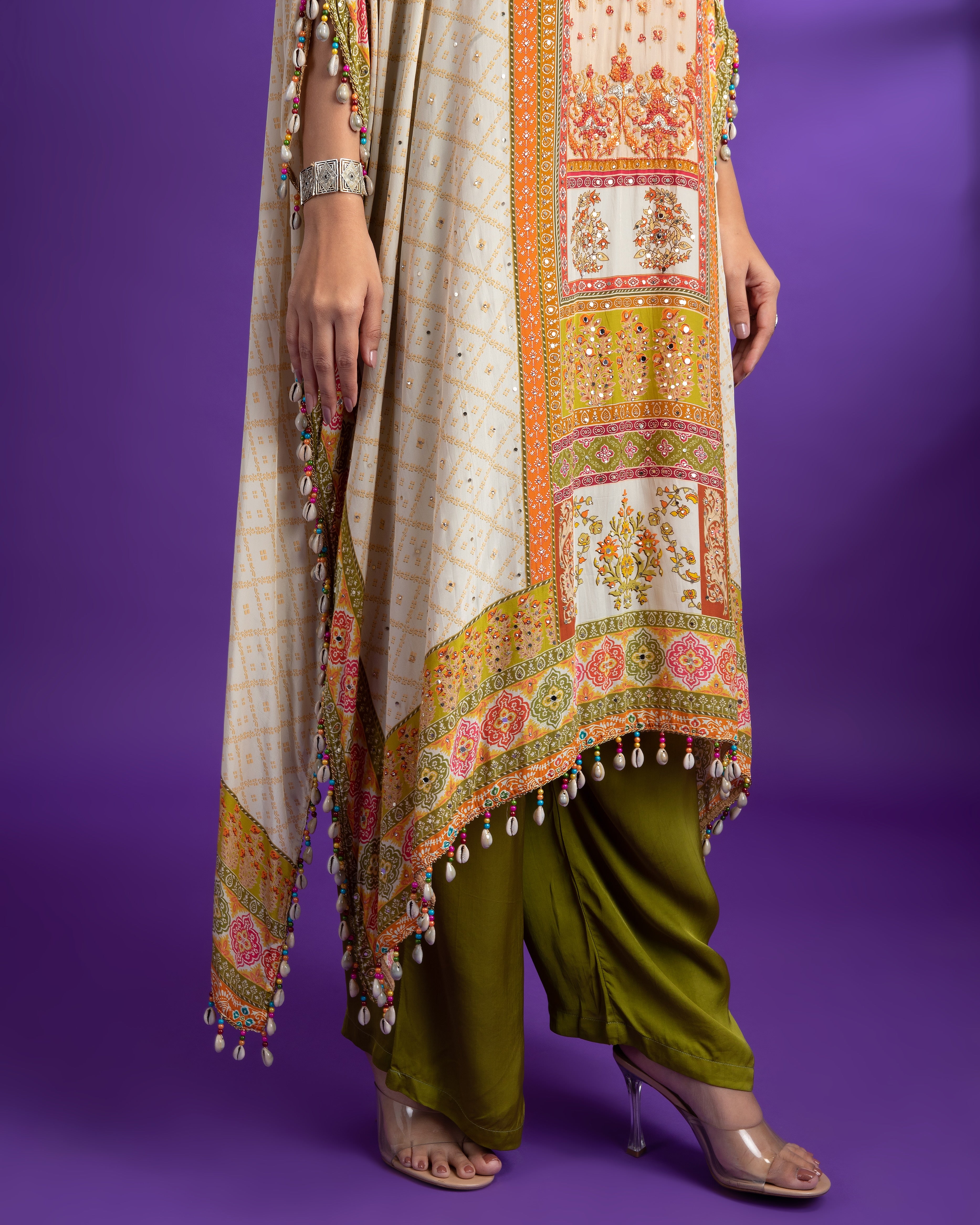 Cream Crepe Printed Kaftaan set - Mokshaa