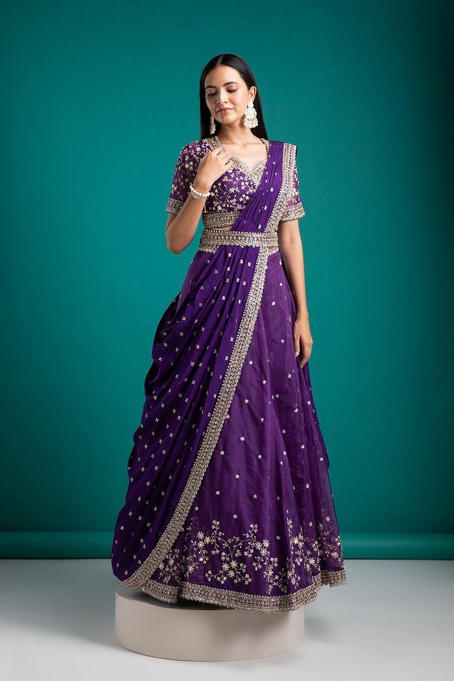 Regal Violet Draped Lehenga Set - Mokshaa